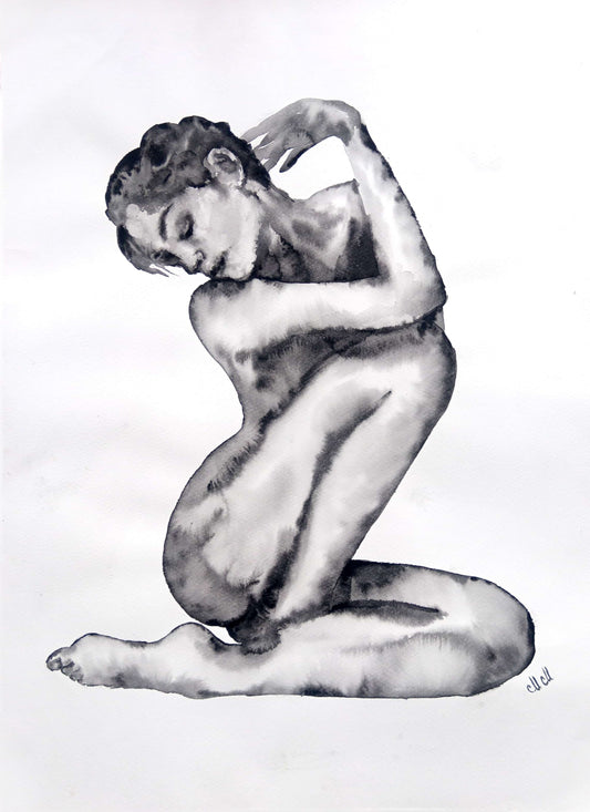 Black and white drawing of a nude figure in a seated pose on a white background