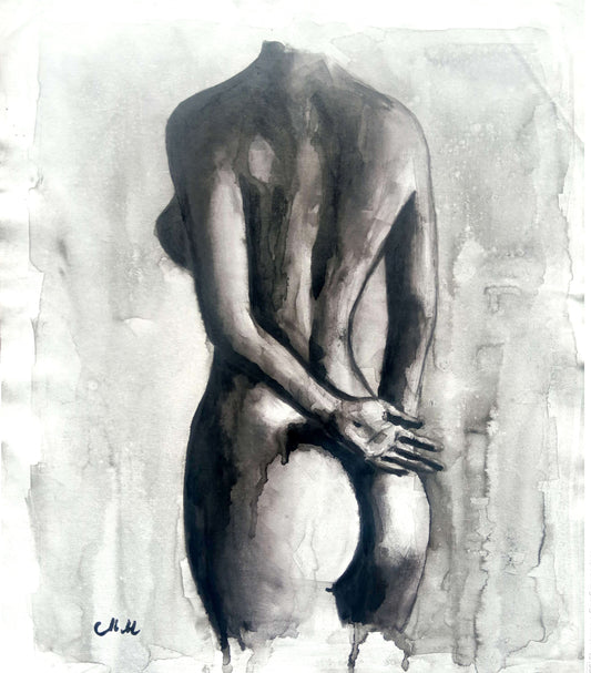 Artistic depiction of a nude figure holding a sphere on a textured white background