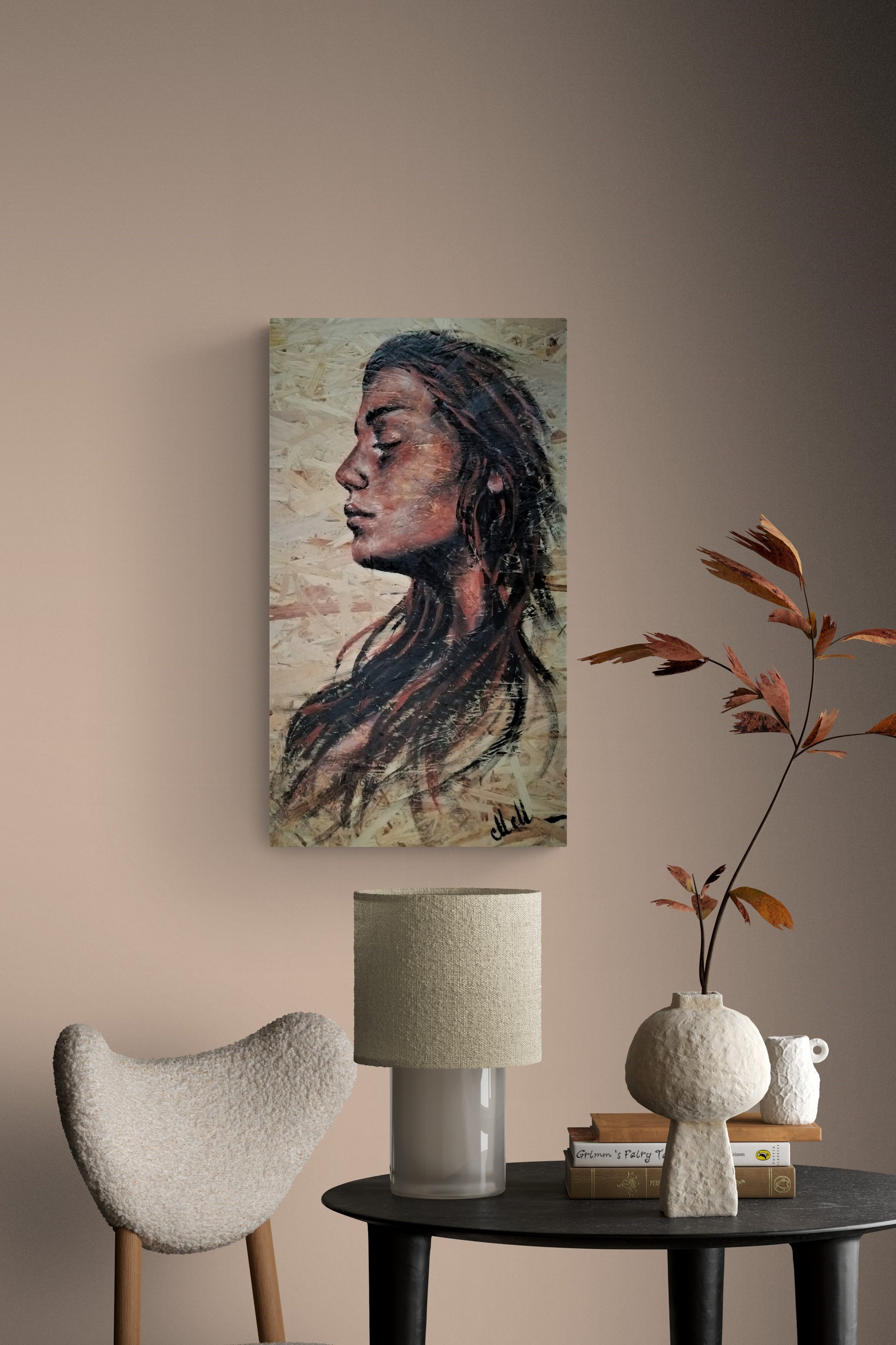 Acrylic Portrait on Wood – A Unique Blend of Art & Nature

This&nbsp;one-of-a-kind acrylic portrait painting on wood brings warmth, texture, and character to your home.

Hand-painted on a reclaimed OSB wood panel, this piece embraces the beauty of imperfection, turning recycled materials into elegant modern wall art.

The expressive face profile of a woman is captured with rich acrylic tones, creating a timeless and soulful presence.
