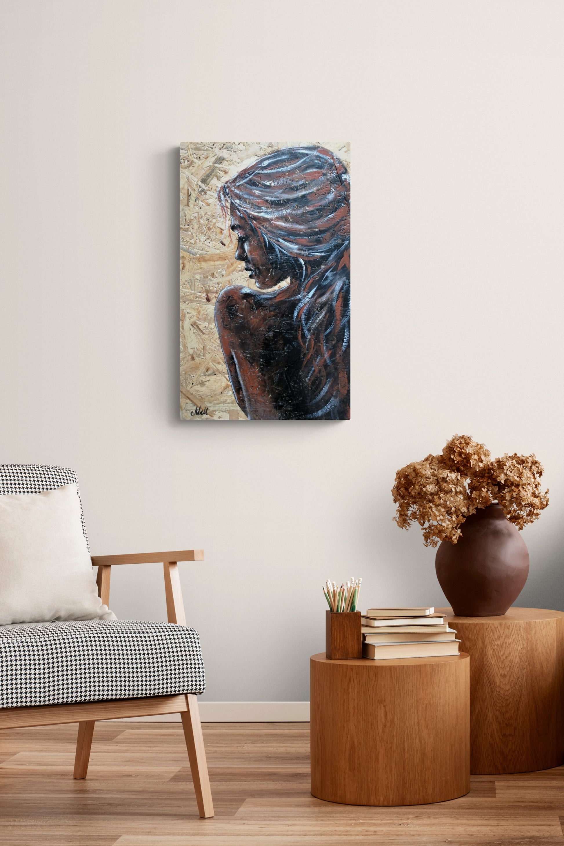 Elegant Portrait on Wood – Rustic & Timeless Wall Art

This delicate profile portrait of a woman, painted on a natural wood panel, blends rustic charm with artistic elegance.

The warmth of the wood grain enhances the expressive acrylic brushstrokes, making this piece a truly unique and soulful addition to your home.

Perfect for a cozy bedroom setting or as a statement piece in any space, this one-of-a-kind artwork brings both nature and creativity into your decor.