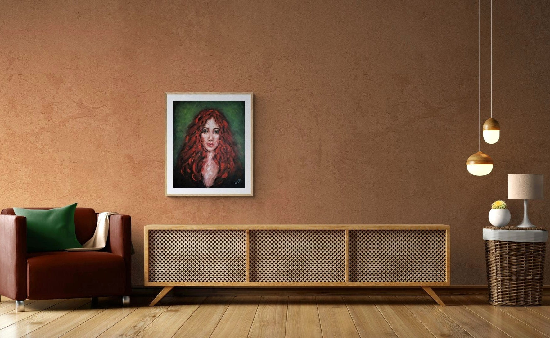 living-room wall decoration - redhead woman - original oil portrait painting 