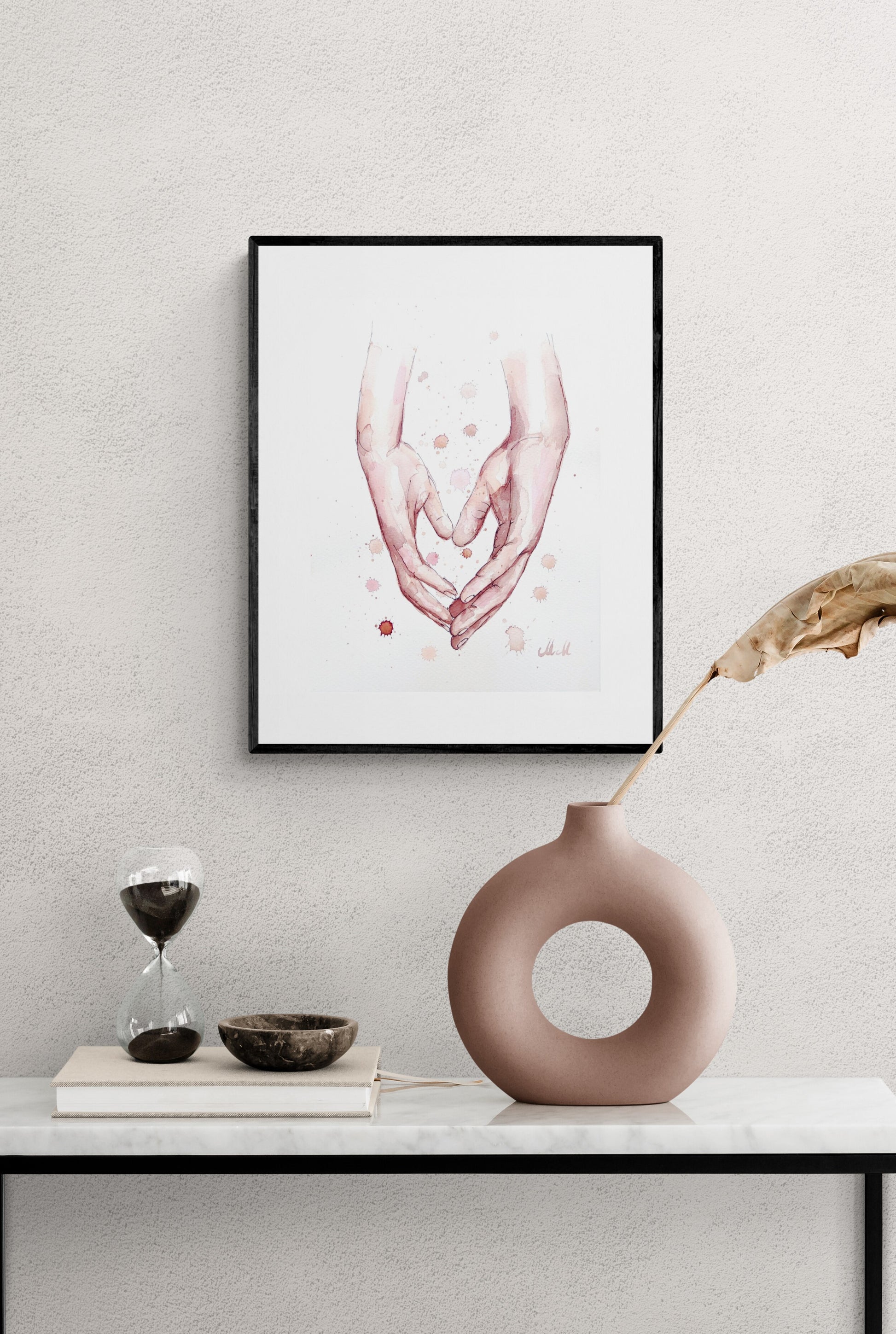 Romantic Hand in Hand – Watercolor Artwork - Wedding gift

Bring warmth and intimacy to your space with this beautiful watercolor painting of a romantic hand-in-hand moment. The delicate water drops, ink drawing and natural skin tones create a soft, emotional connection, making it a perfect piece for your home.

Home wall decor Size: 14" x 11" (38 cm x 28 cm)

Made with high-quality materials, this minimalist yet expressive artwork adds elegance to your bedroom, bathroom, or living area.
