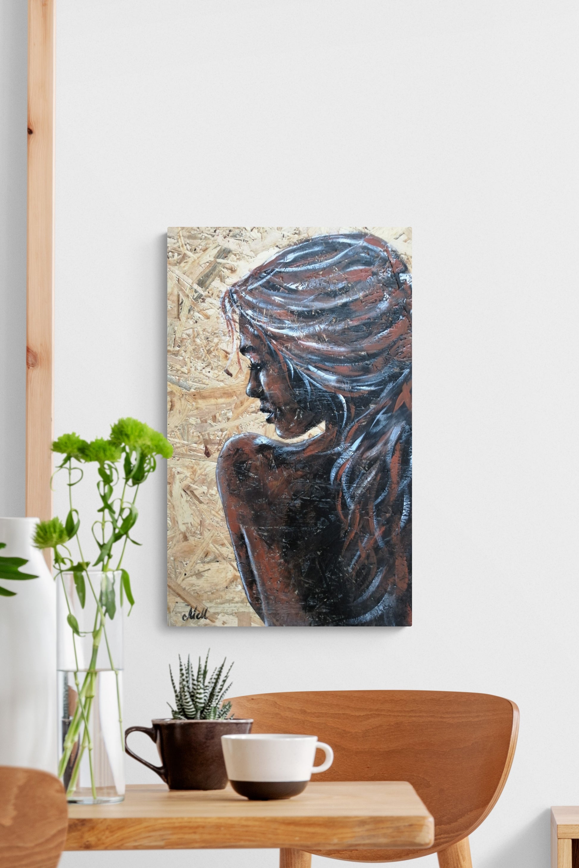 
This delicate profile portrait of a woman, painted on a natural wood panel, blends rustic charm with artistic elegance.

The warmth of the wood grain enhances the expressive acrylic brushstrokes, making this piece a truly unique and soulful addition to your home.

Perfect for a cozy bedroom setting or as a statement piece in any space, this one-of-a-kind artwork brings both nature and creativity into your decor.