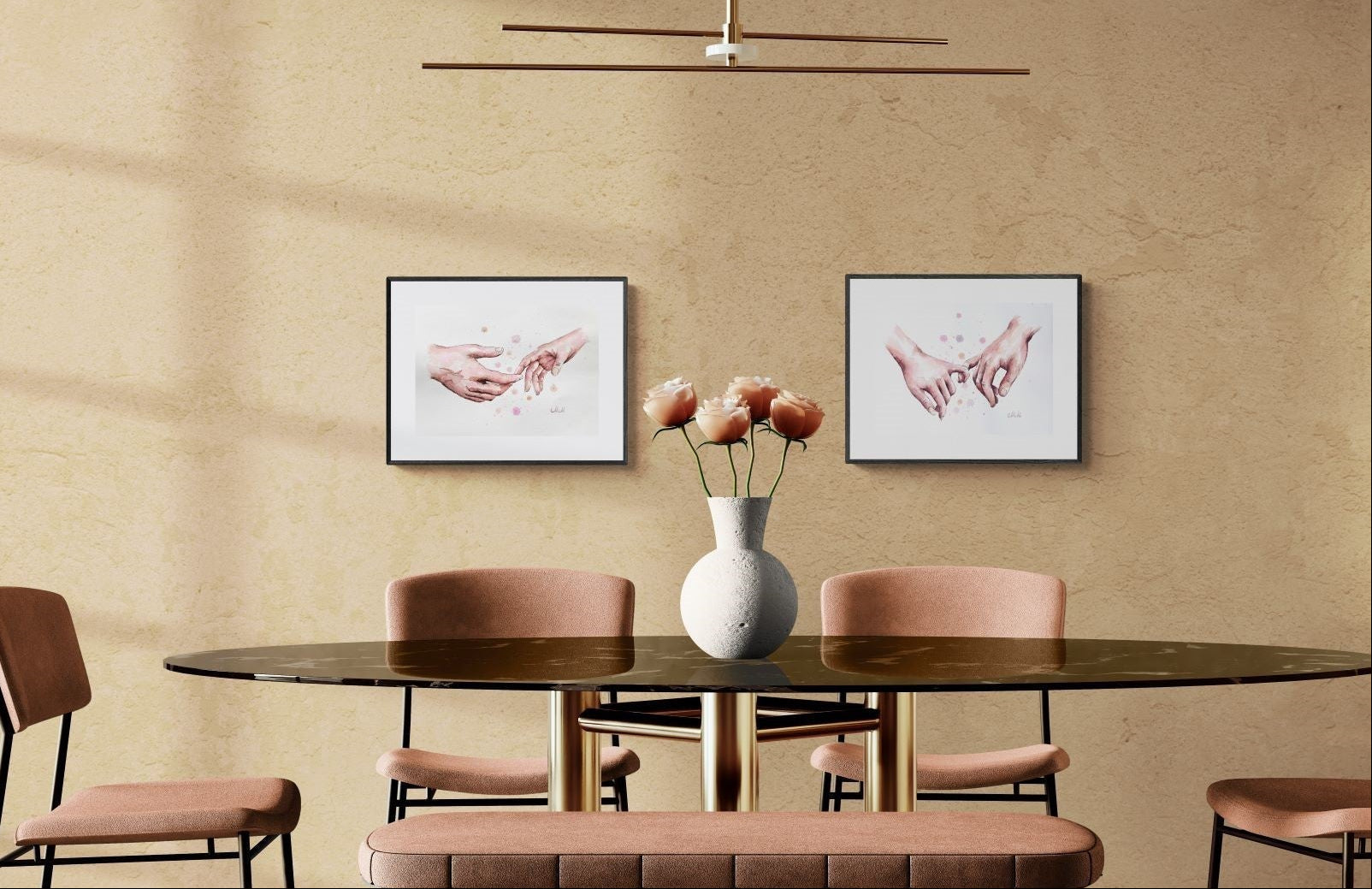 Dining room with a table, chairs, and a vase on a beige wall with framed pictures.