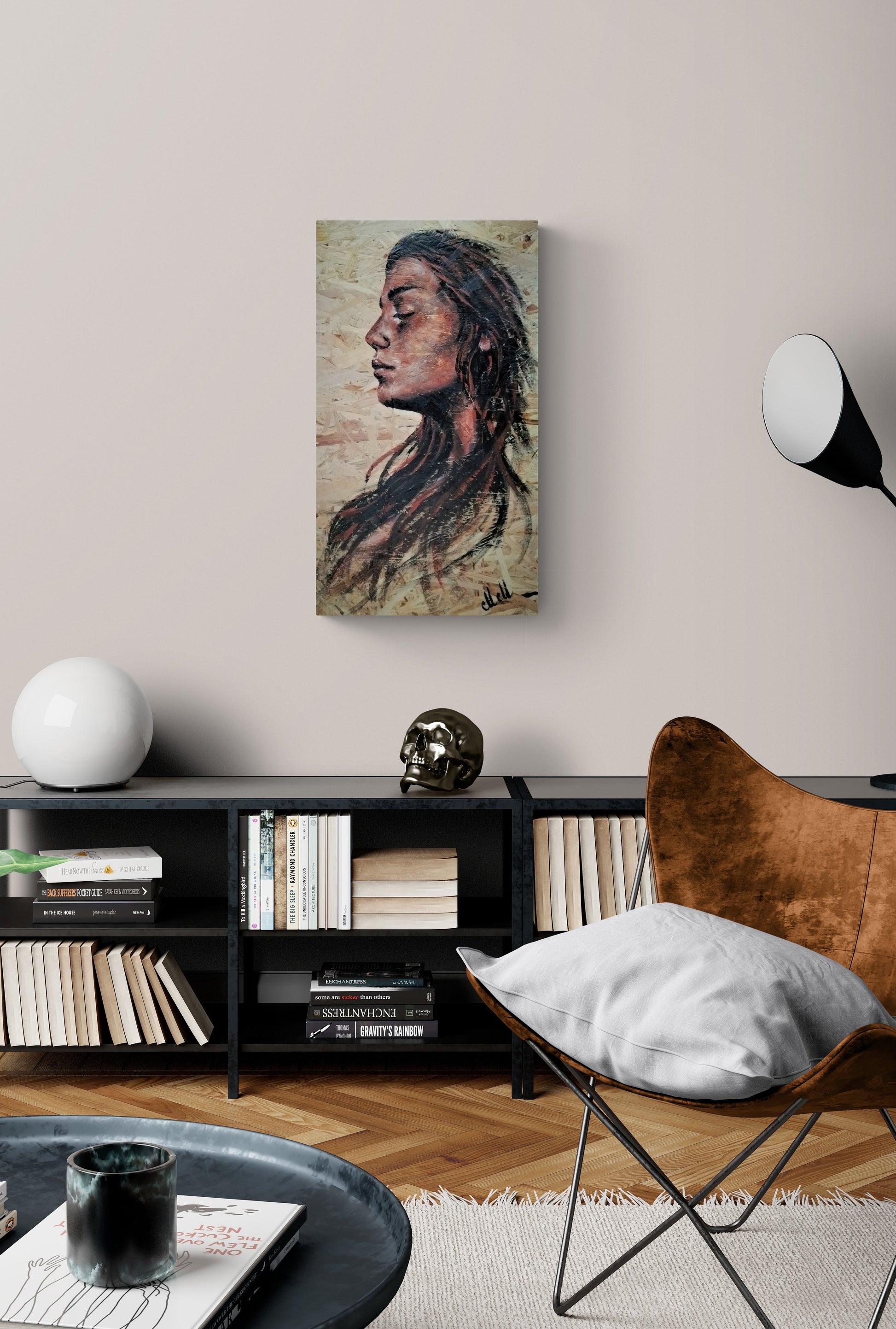 Acrylic Portrait on Wood – A Unique Blend of Art &amp; Nature

This&nbsp;one-of-a-kind acrylic portrait painting on wood brings warmth, texture, and character to your home.

Hand-painted on a reclaimed OSB wood panel, this piece embraces the beauty of imperfection, turning recycled materials into elegant modern wall art.

The expressive face profile of a woman is captured with rich acrylic tones, creating a timeless and soulful presence.