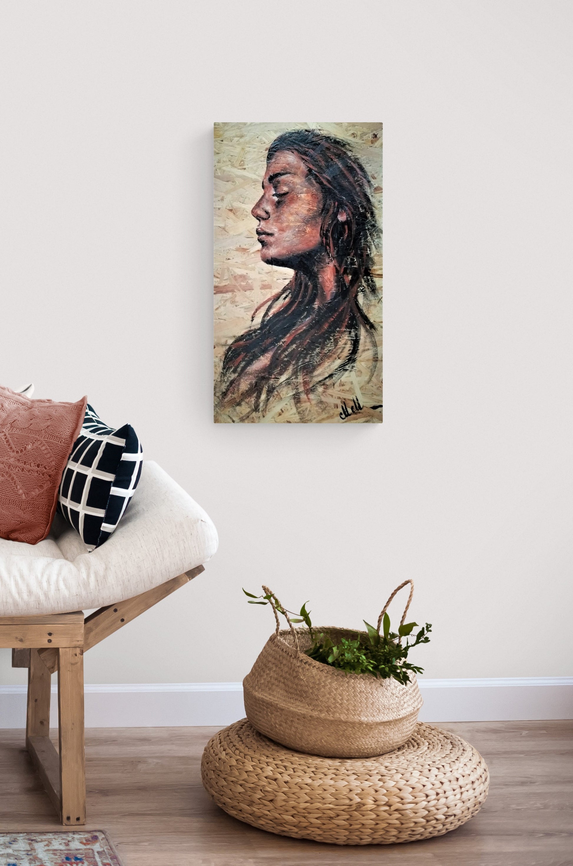 Acrylic Portrait on Wood – A Unique Blend of Art &amp; Nature

This&nbsp;one-of-a-kind acrylic portrait painting on wood brings warmth, texture, and character to your home.

Hand-painted on a reclaimed OSB wood panel, this piece embraces the beauty of imperfection, turning recycled materials into elegant modern wall art.

The expressive face profile of a woman is captured with rich acrylic tones, creating a timeless and soulful presence.
