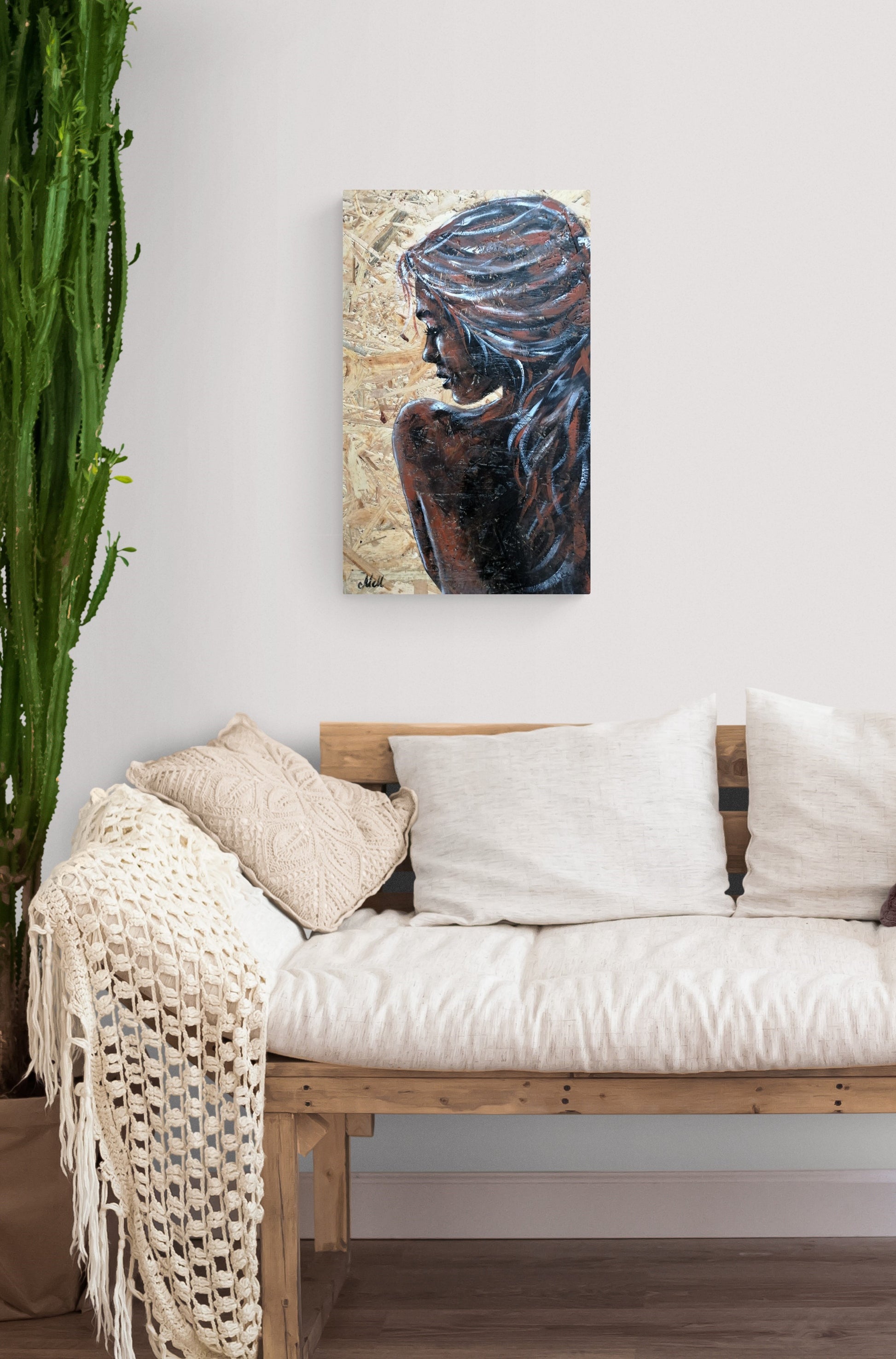 Elegant Portrait on Wood – Rustic & Timeless Wall Art

This delicate profile portrait of a woman, painted on a natural wood panel, blends rustic charm with artistic elegance.

The warmth of the wood grain enhances the expressive acrylic brushstrokes, making this piece a truly unique and soulful addition to your home.

Perfect for a cozy bedroom setting or as a statement piece in any space, this one-of-a-kind artwork brings both nature and creativity into your decor.