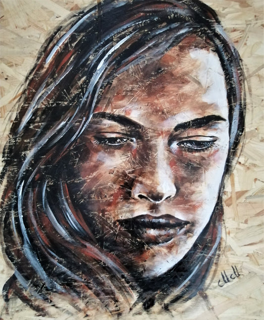 This hand made portrait painting on wood blends rustic charm with modern aesthetics, creating a stunning piece of wall art.

Acrylic portrait painted on a recycled wood slice brings warmth and character to any space.

Made on reclaimed wood, this one-of-a-kind piece is perfect as a statement decor for your living room or a thoughtful gift for someone special.

Face painting: 50 cm x 61 cm (20" x 24")

It comes ready to hang, adding an artistic touch to your home with ease.

