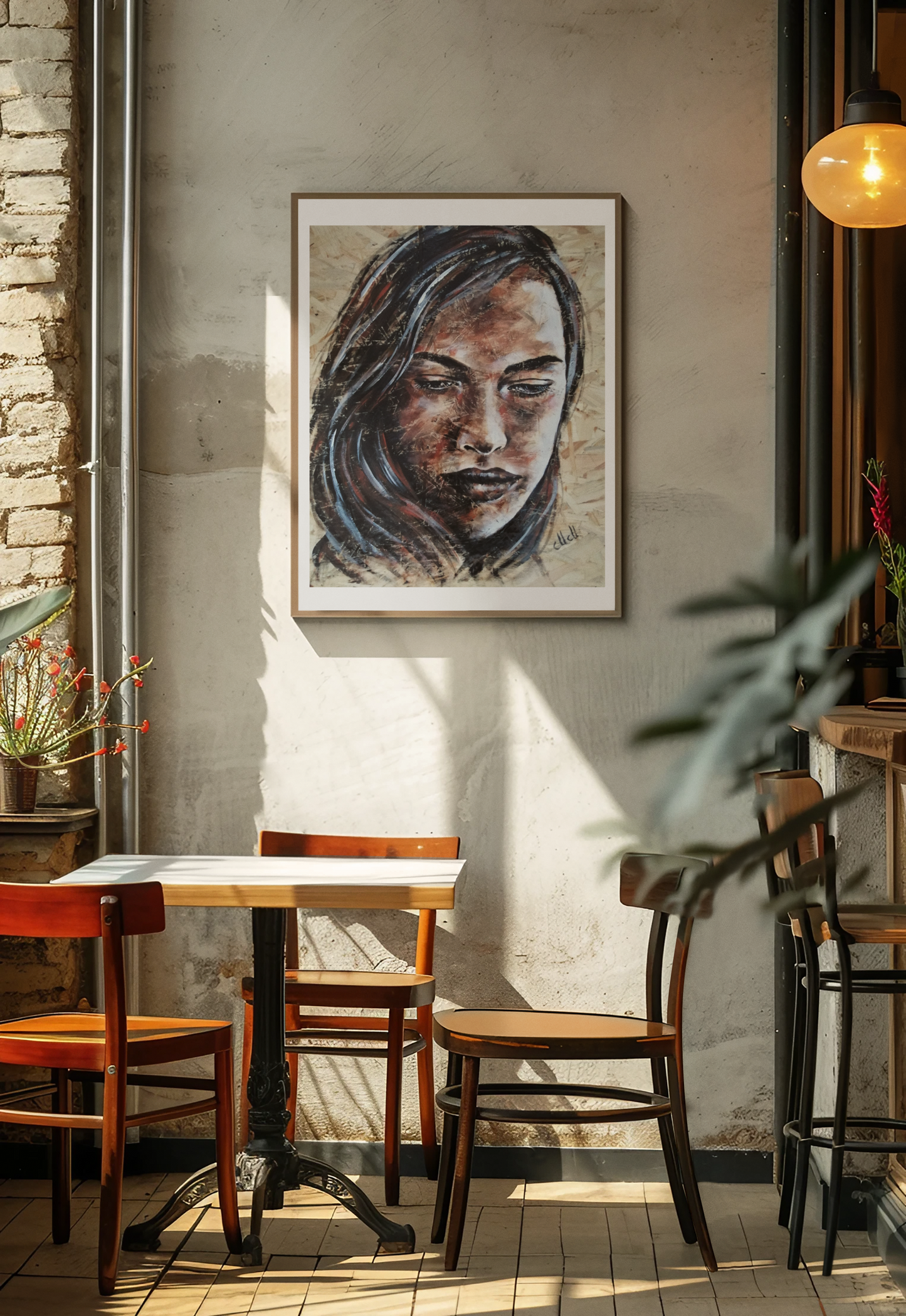 This hand made portrait painting on wood blends rustic charm with modern aesthetics, creating a stunning piece of wall art.

Acrylic portrait painted on a recycled wood slice brings warmth and character to any space.

Made on reclaimed wood, this one-of-a-kind piece is perfect as a statement decor for your living room or a thoughtful gift for someone special.

Face painting: 50 cm x 61 cm (20" x 24")

It comes ready to hang, adding an artistic touch to your home with ease.
