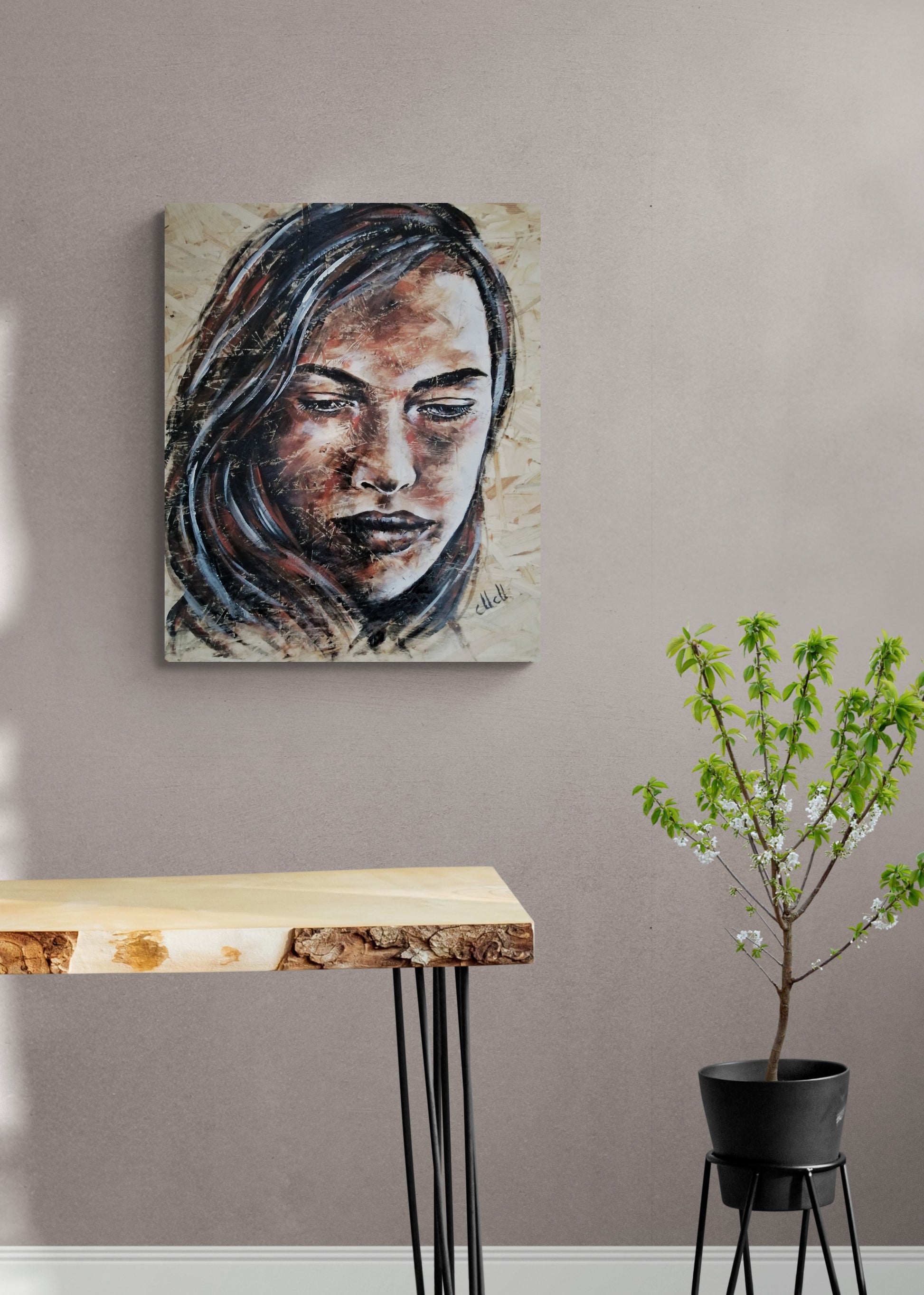 This hand made portrait painting on wood blends rustic charm with modern aesthetics, creating a stunning piece of wall art.

Acrylic portrait painted on a recycled wood slice brings warmth and character to any space.

Made on reclaimed wood, this one-of-a-kind piece is perfect as a statement decor for your living room or a thoughtful gift for someone special.

Face painting: 50 cm x 61 cm (20" x 24")

It comes ready to hang, adding an artistic touch to your home with ease.

