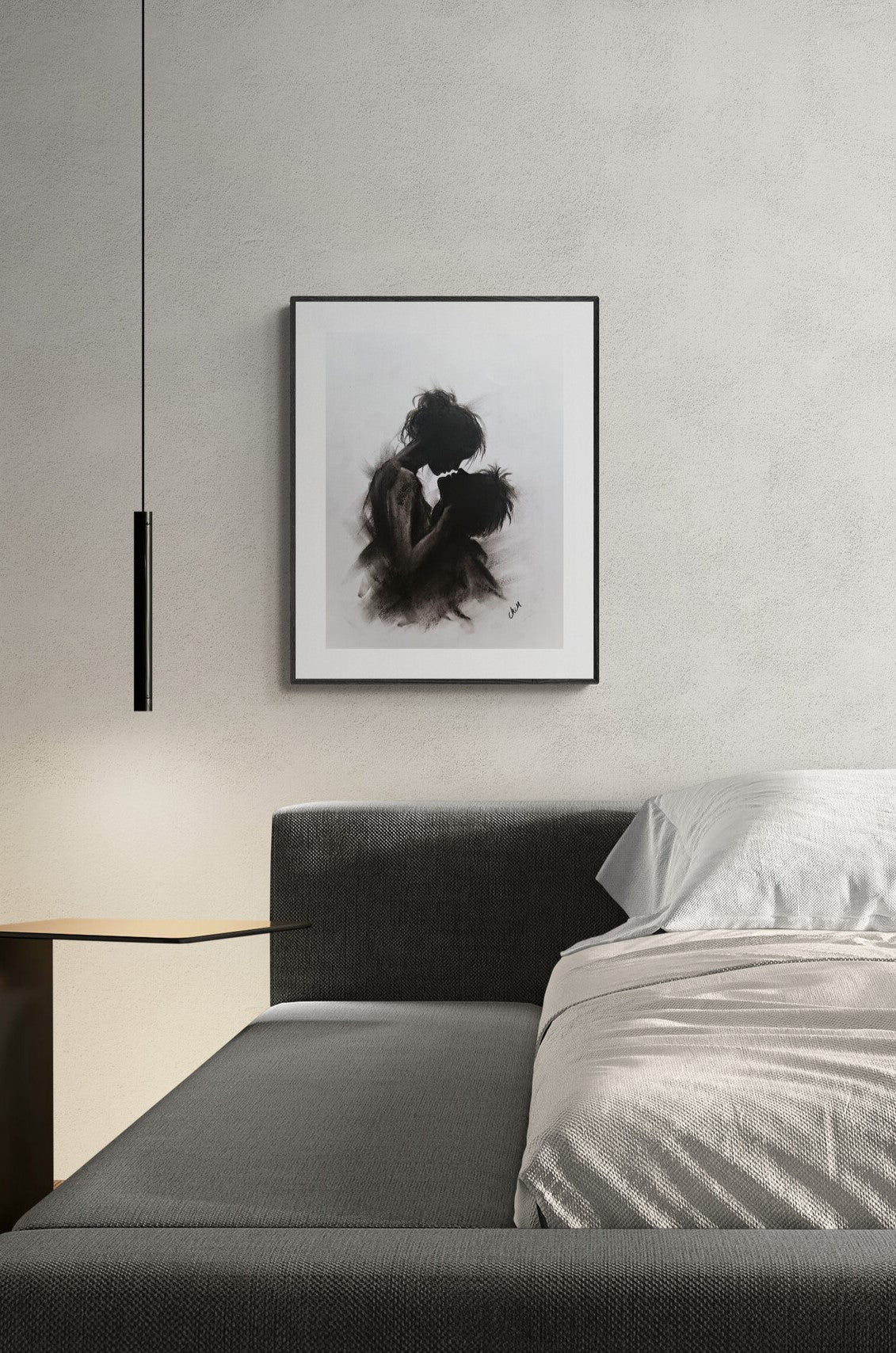 Bedroom painting - charcoal silhouette romantic painting
This original charcoal artwork captures the intimate embrace of a couple, expressing love, tenderness and the deep connection between two people.

Created with expressive charcoal strokes and delicate contrasts of light and shadow. This romantic drawing beautifully captures a quiet moment of closeness. Its soft, atmospheric style makes it a perfect above-bed artwork or a meaningful gift for couples and lovers.

Size: 30 x 40 cm (12" x 16")