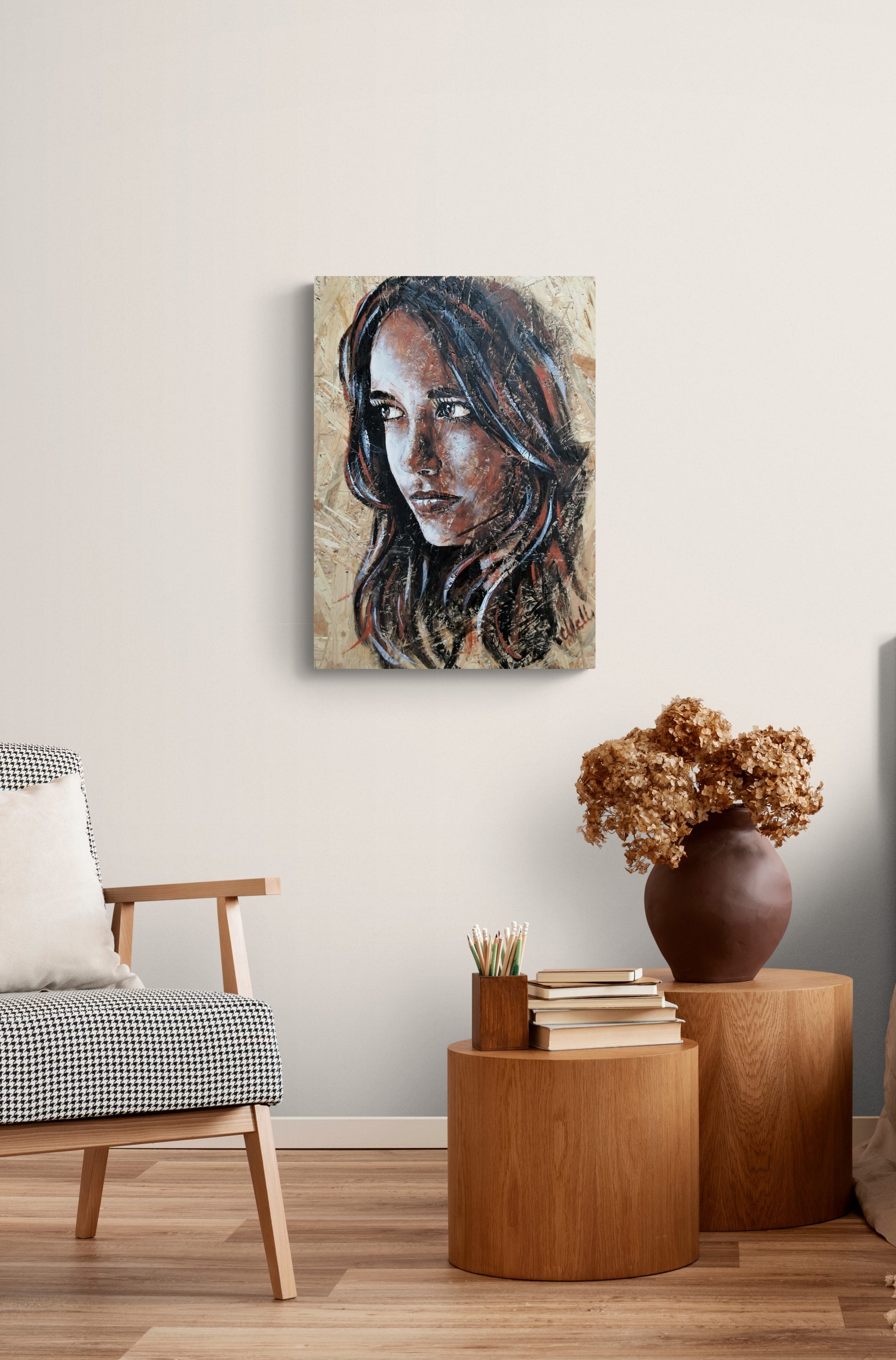 Elegant Profile Portrait on Wood – Unique Wall Art Inspired by Nature

This one-of-a-kind profile portrait on wood is a stunning blend of natural beauty and artistic expression.

Hand-painted with delicate acrylic strokes on an OSB wood panel, this piece brings warmth, texture, and character to any space.

The organic wood grain enhances the artwork’s depth, making it a timeless addition to your home gallery.

Whether as a meaningful gift for someone special or a unique touch to your own decor.