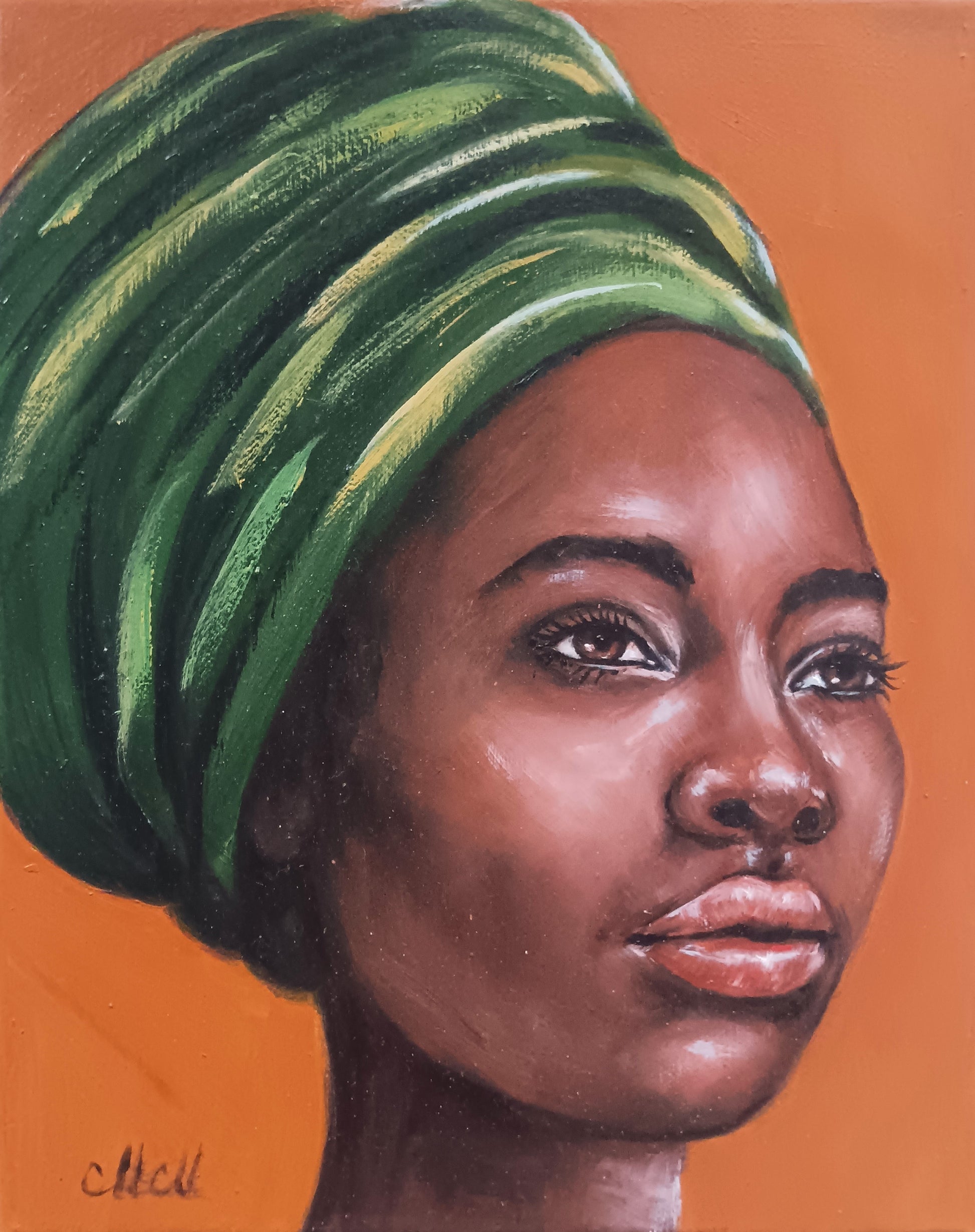 Bring elegance, strength, and soulful beauty into your home with this original hand-painted portrait of an African woman with green scarf. The artwork captures a serene yet powerful expression, celebrating femininity, grace, and inner peace.

Created with professional-quality oil paints on canvas and comes ready to hang, so you can instantly enjoy it in your space. Each brushstroke adds depth and vibrancy, making this piece a unique and timeless addition to any home or gallery wall.