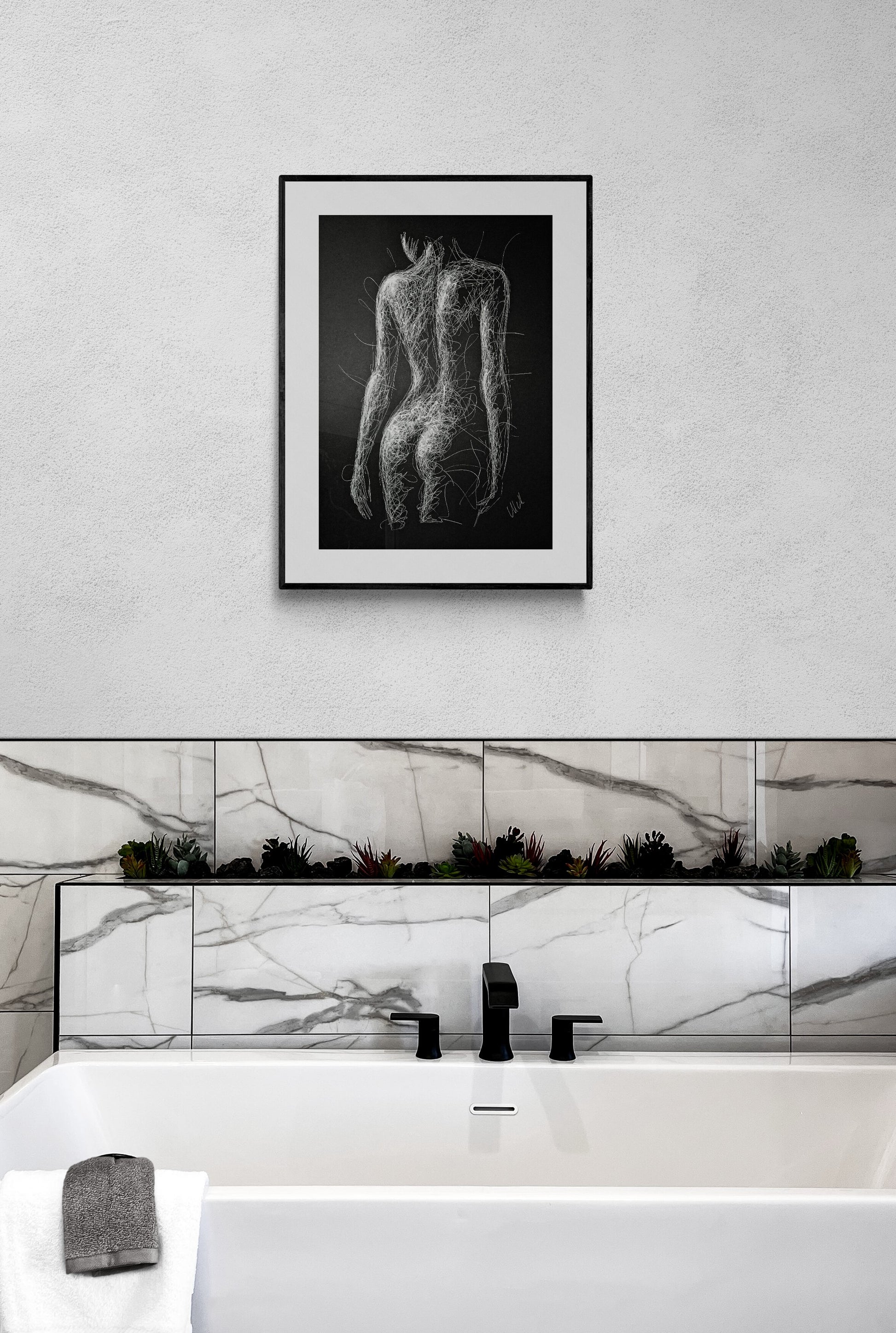 Black and White Sensual Line Drawing – Original Erotic Minimalist Art

Elevate your space with this captivating black and white line drawing, a stunning piece of original sensual art. Striking the perfect balance between elegance and intimacy.

This modern erotic painting is both sexy and subtle, making it an ideal choice for bedroom decor or sophisticated bathroom wall art.

This nude female figure is delicately created with a white pen on black art paper, showcasing graceful lines.