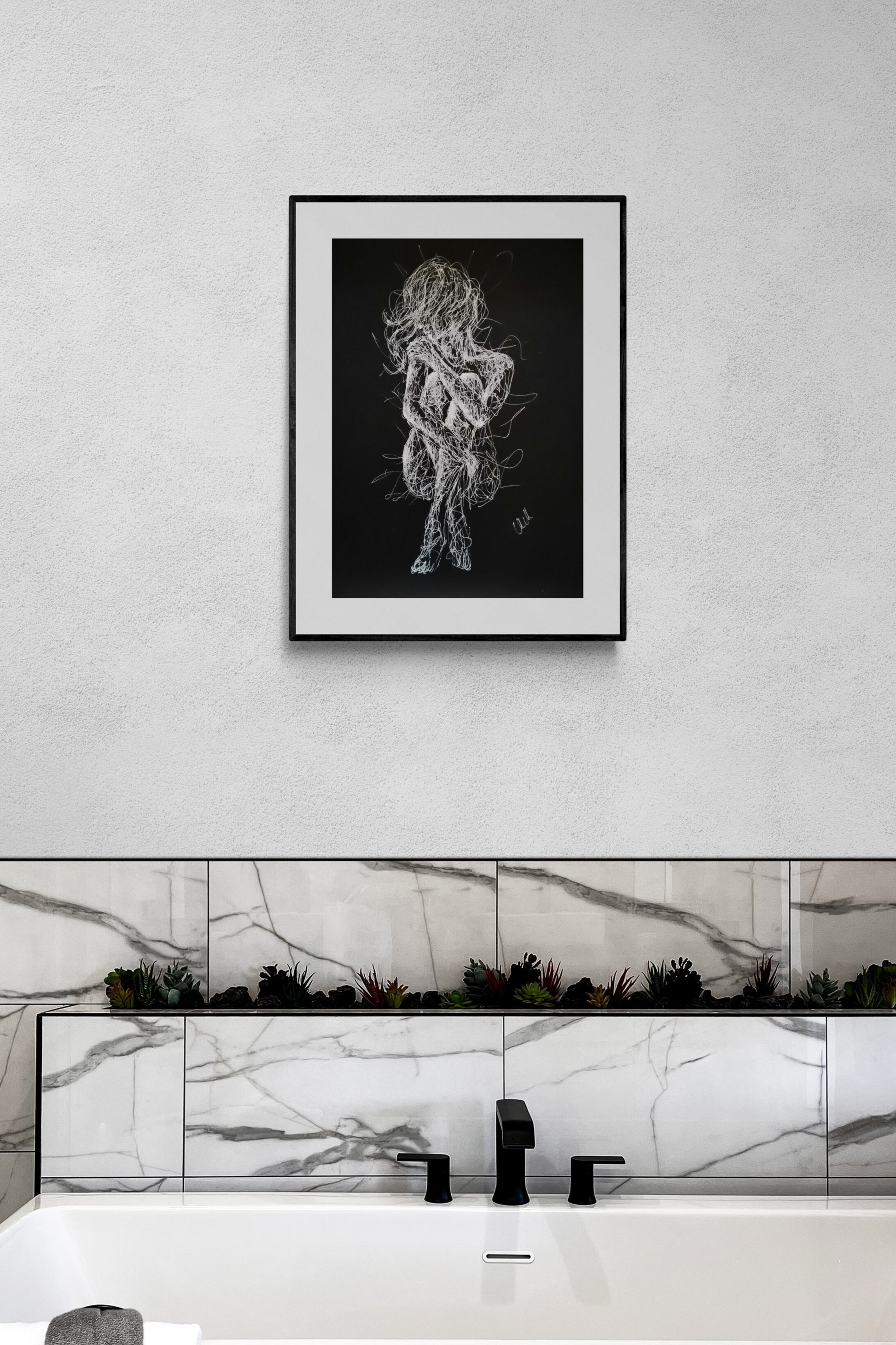 Black and White Sensual Line Drawing – Original Erotic Minimalist Art

Elevate your space with this captivating black and white line drawing, a stunning piece of original sensual art. Striking the perfect balance between elegance and intimacy.

This modern erotic painting is both sexy and subtle, making it an ideal choice for bedroom decor or sophisticated bathroom wall art.

This nude female figure is delicately created with a white pen on black art paper, showcasing graceful lines.
