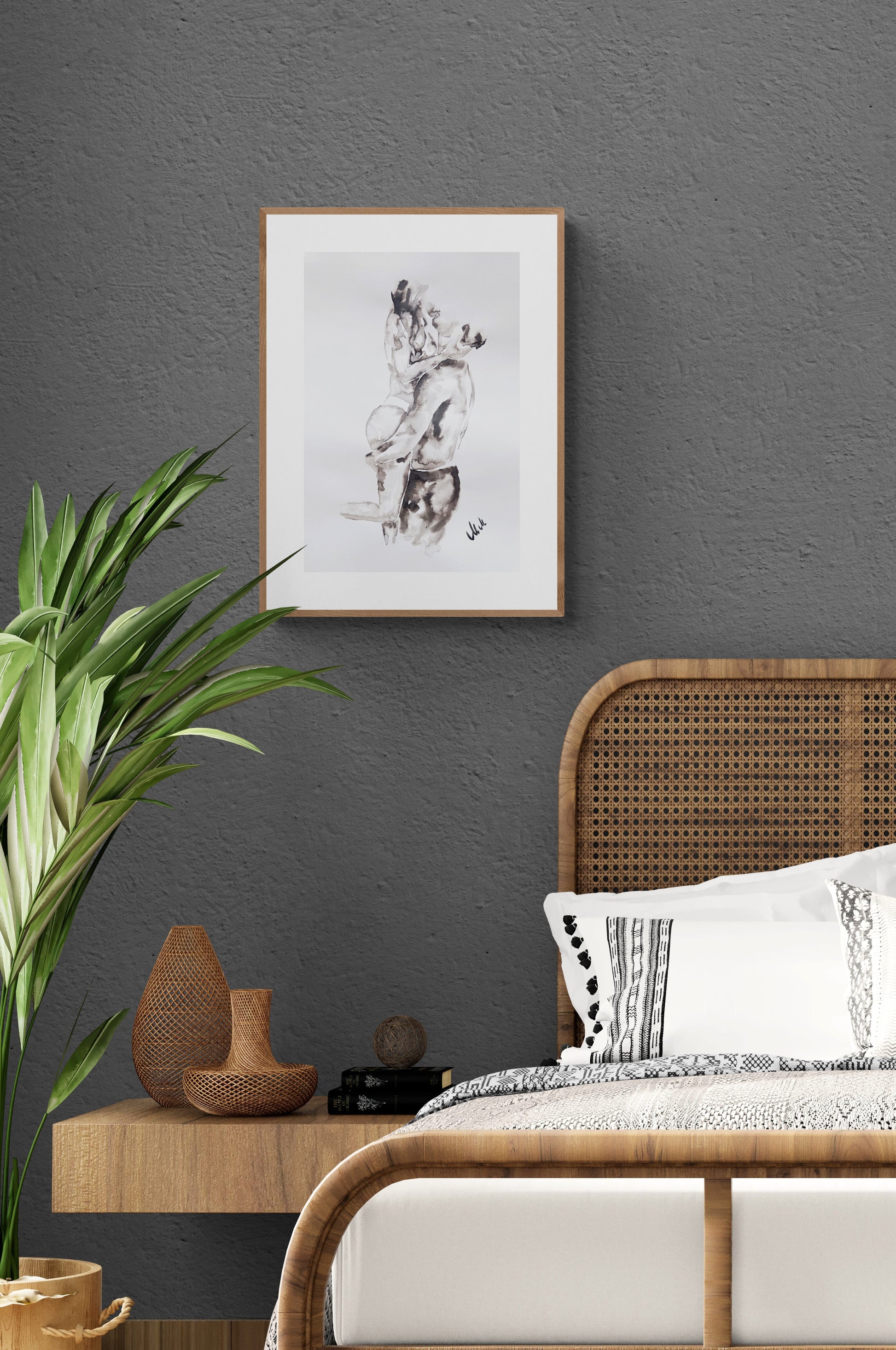 bohemian-bedrom painting - romantic ink artwprk
This original ink artwork captures the intimate embrace of lovers.

With just water and delicate strokes of black ink, this minimalist piece radiates simplicity and elegance, making it a perfect above-bed painting or a unique gift for couples.

Created on natural white, matte, heavy art paper using high-quality ink. and lovers.