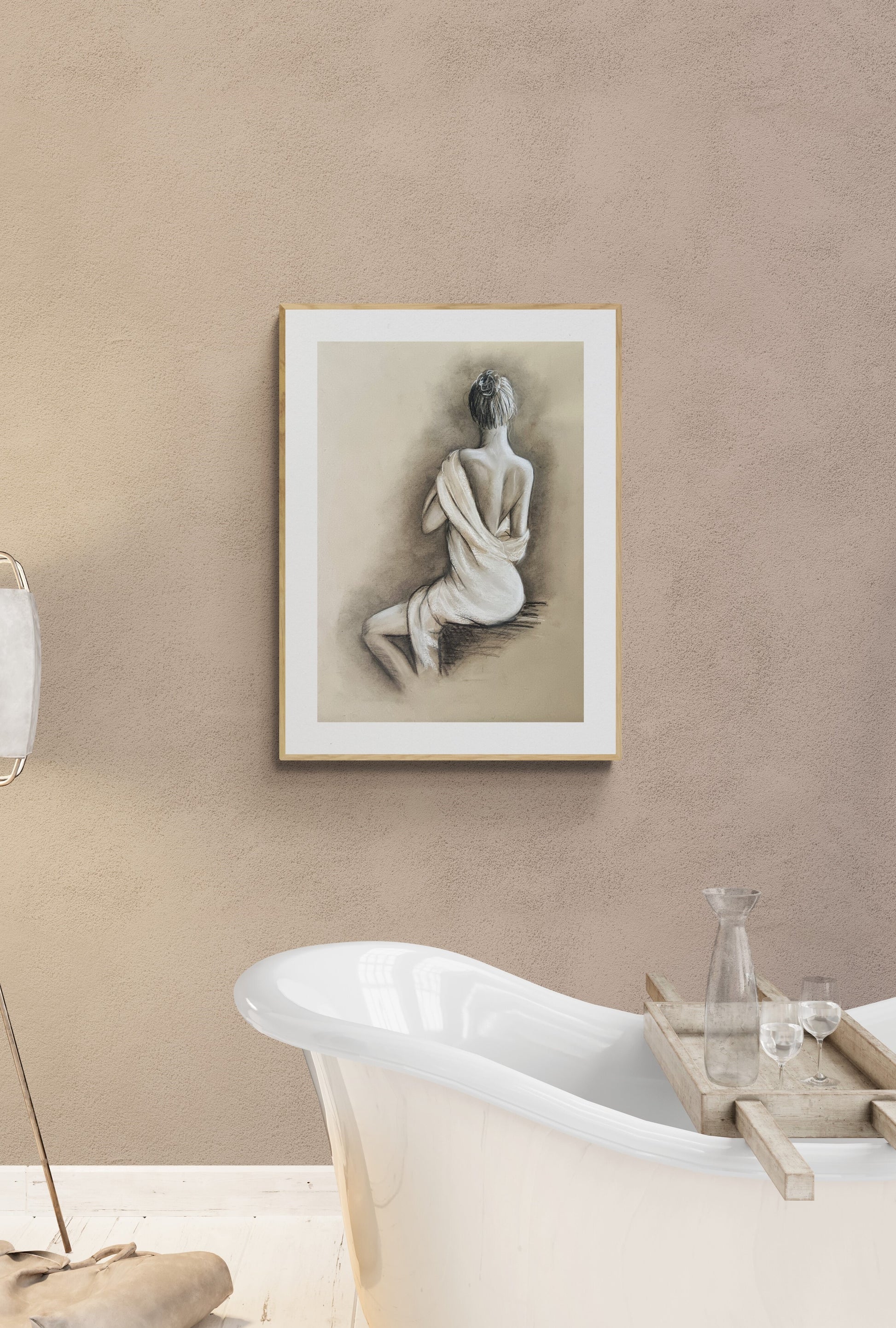 This charcoal figure drawing is a delicate balance of sensuality and subtlety, making it the perfect above-bed artwork to bring a romantic and sophisticated atmosphere to your bedroom.

Sketched on recycled beige art paper, this vintage-style nude captures the elegance of the female body with graceful charcoal strokes. The interplay of light and shadow enhances its timeless appeal, making it an intimate yet refined piece for bedroom and bathroom wall.