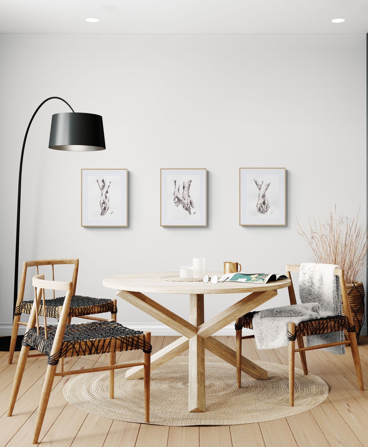 Modern dining room with wooden table and chairs, black floor lamp, and framed artwork on the wall.