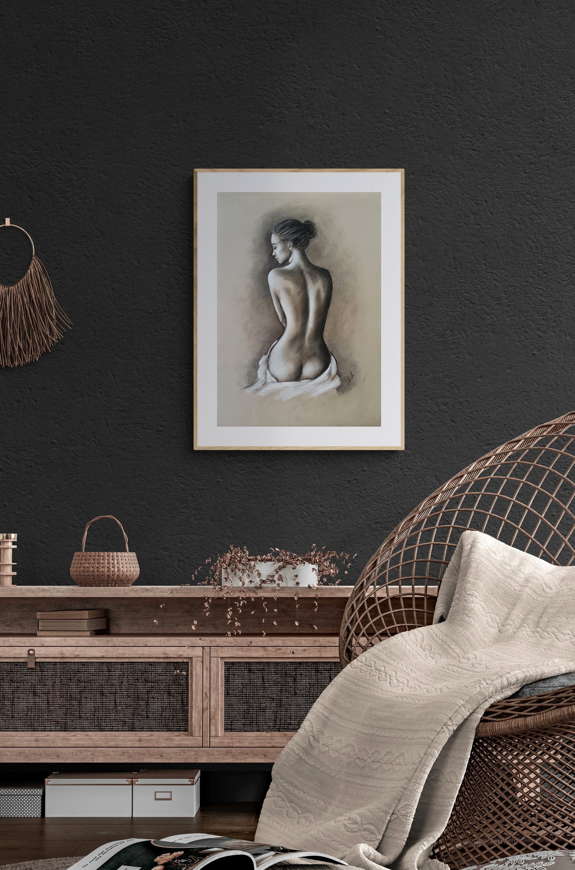 This intimate and elegant charcoal figure drawing captures the delicate balance between sensuality and subtlety. A celebration of feminine beauty, it brings a touch of romance and mystery to any space.

Perfect for above-bed decor, it creates a warm, inviting atmosphere, just enough seductive yet gracefully understated.

Each stroke of charcoal on recycled beige art paper highlights the soft curves and expressive form, making this nude woman artwork a timeless piece.