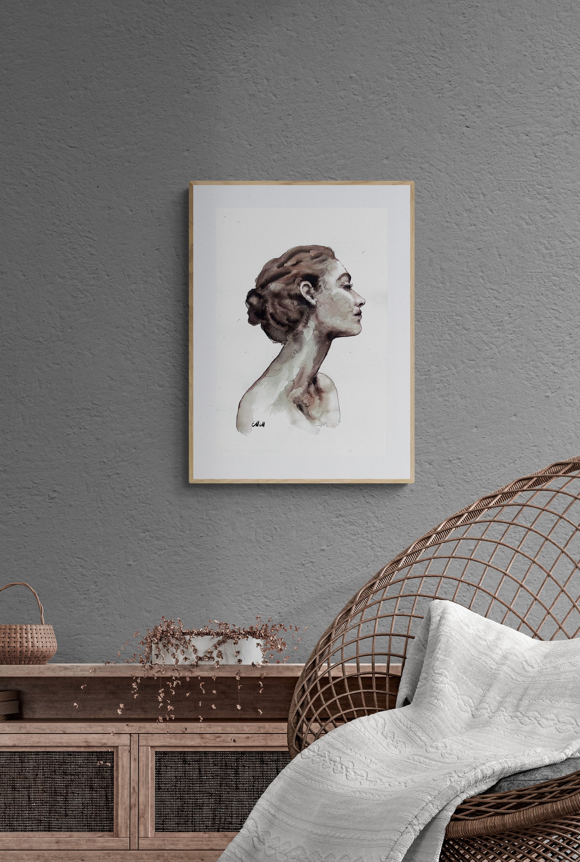 Grace Ink Portrait Painting – Original Black and White Female Profile Art

This female face is handmade drawing that beautifully captures the essence of feminine grace in a minimalist style.

Created with a delicate balance of black ink and watercolors, the female profile radiates elegance and grace, making it a timeless addition to any space.

Minimalist portrait of a woman artwork is simple yet powerful, demonstrating the beauty that can come from just water and a touch of black ink.