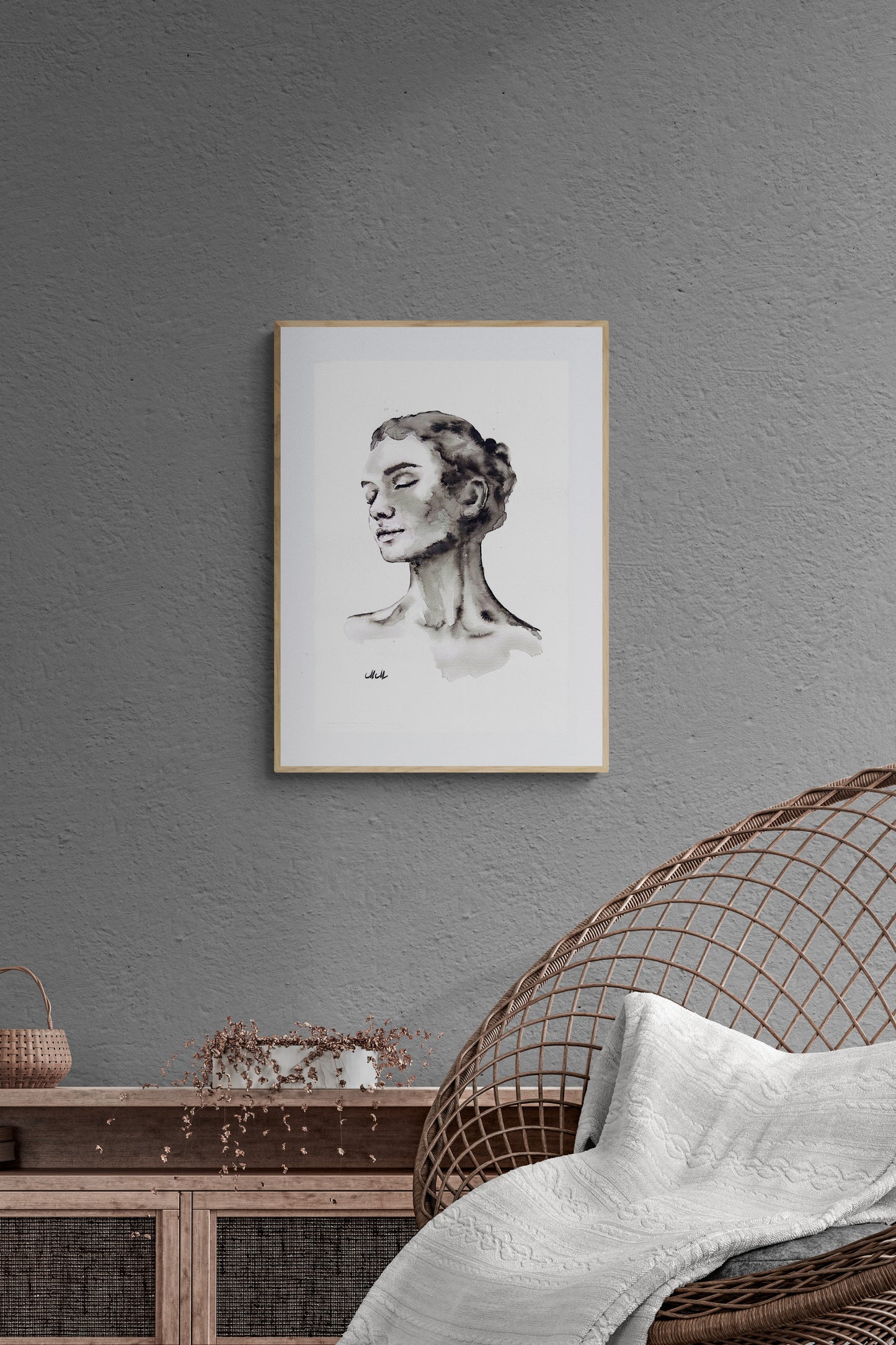 In Love Ink Portrait Painting – Original Black and White Female Profile Art

This captivating female portrait is a handmade drawing that beautifully embodies the essence of femininity in a refined minimalist style.

Made with a delicate play of black ink and watercolors, the female profile exudes both grace and strength, making it a timeless statement piece for any space.

This minimalist woman’s portrait is simple yet impactful, showcasing the elegance that emerges from just water and a hint of black.