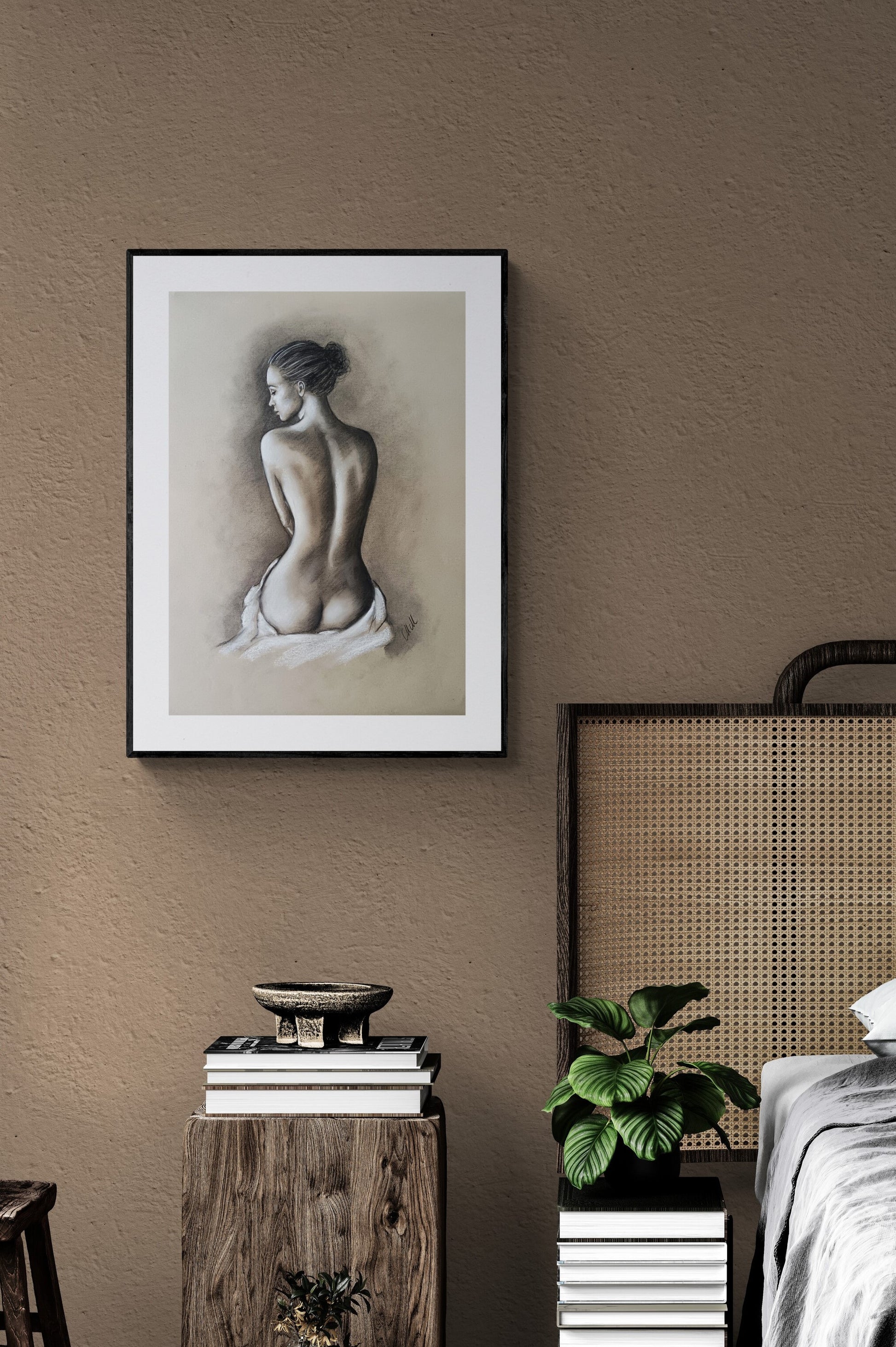 This intimate and elegant charcoal figure drawing captures the delicate balance between sensuality and subtlety. A celebration of feminine beauty, it brings a touch of romance and mystery to any space.

Perfect for above-bed decor, it creates a warm, inviting atmosphere, just enough seductive yet gracefully understated.

Each stroke of charcoal on recycled beige art paper highlights the soft curves and expressive form, making this nude woman artwork a timeless piece.