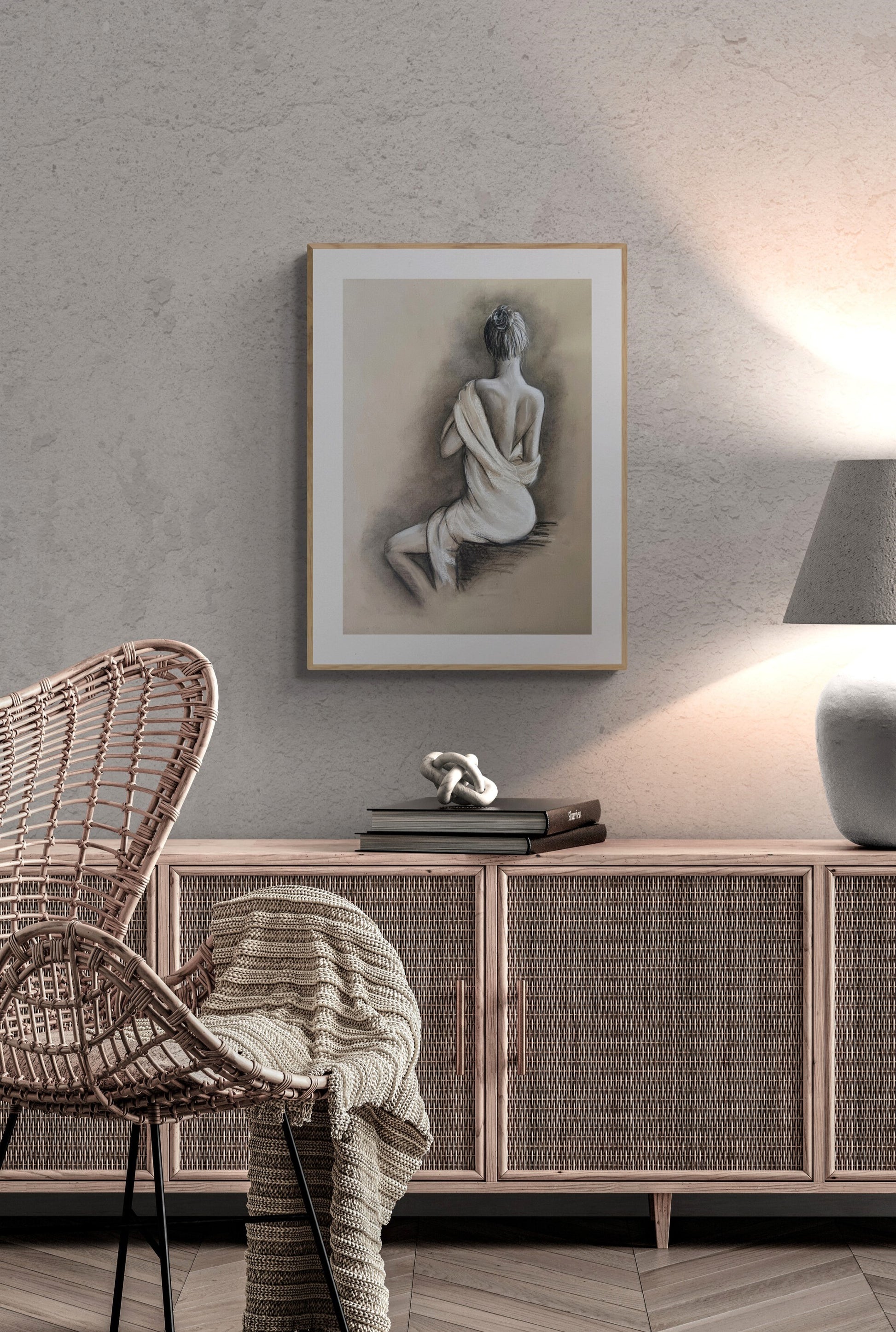 This charcoal figure drawing is a delicate balance of sensuality and subtlety, making it the perfect above-bed artwork to bring a romantic and sophisticated atmosphere to your bedroom.

Sketched on recycled beige art paper, this vintage-style nude captures the elegance of the female body with graceful charcoal strokes. The interplay of light and shadow enhances its timeless appeal, making it an intimate yet refined piece for bedroom and bathroom wall.