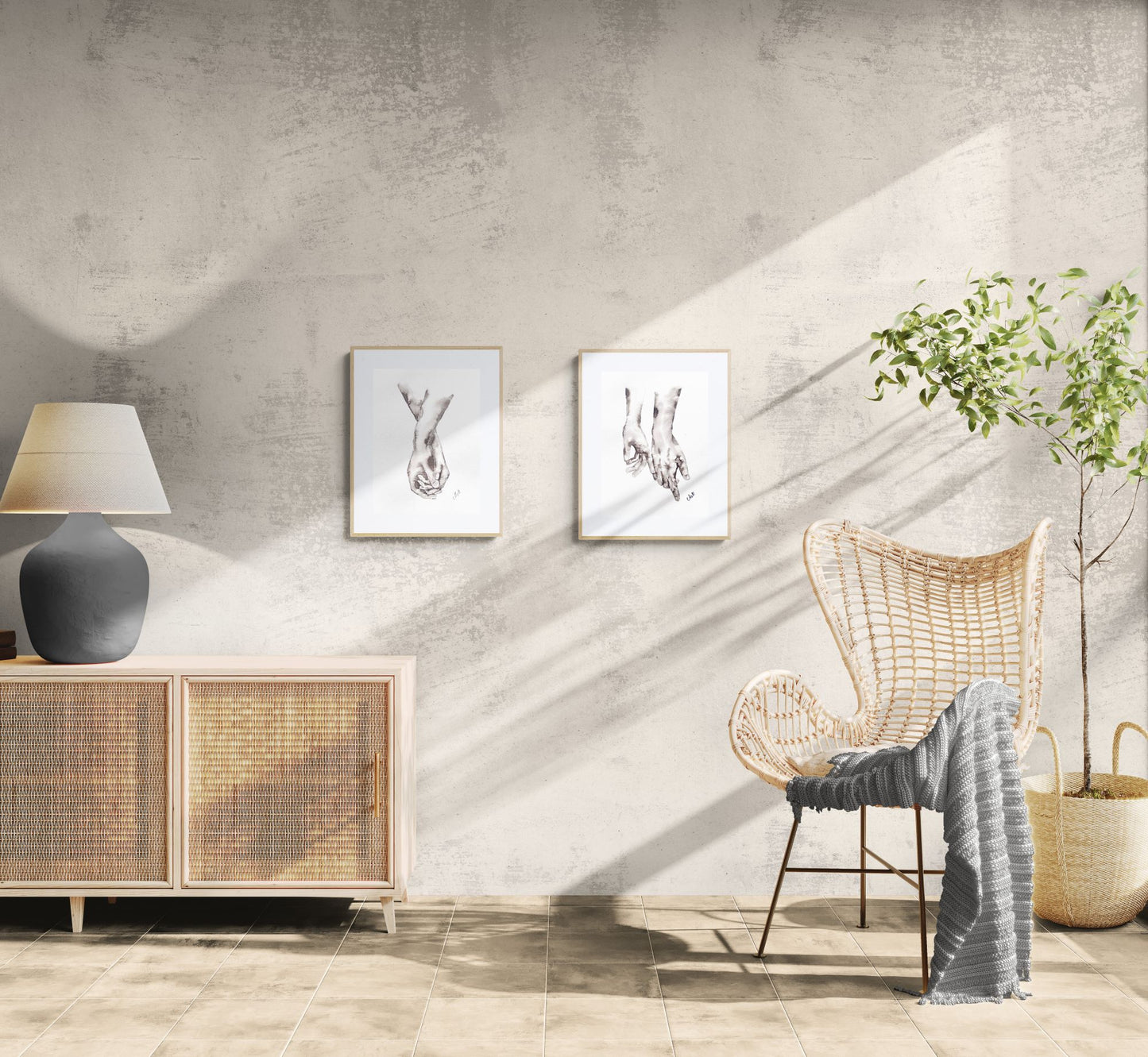 Modern interior with wicker chair, sideboard, and abstract wall art.