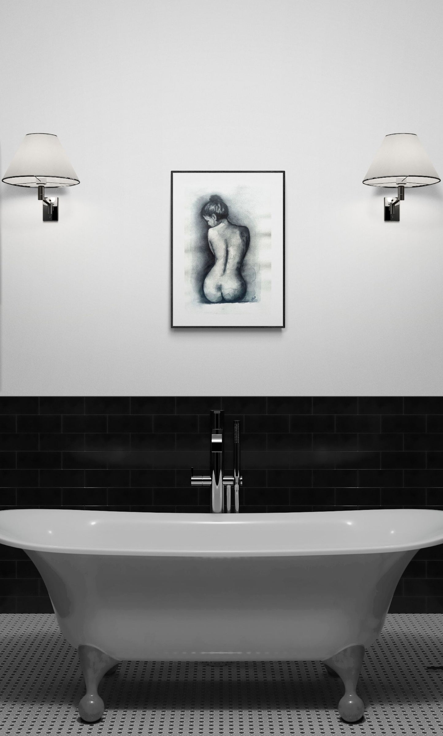 Bathroom with a freestanding bathtub, black wall, and framed artwork.