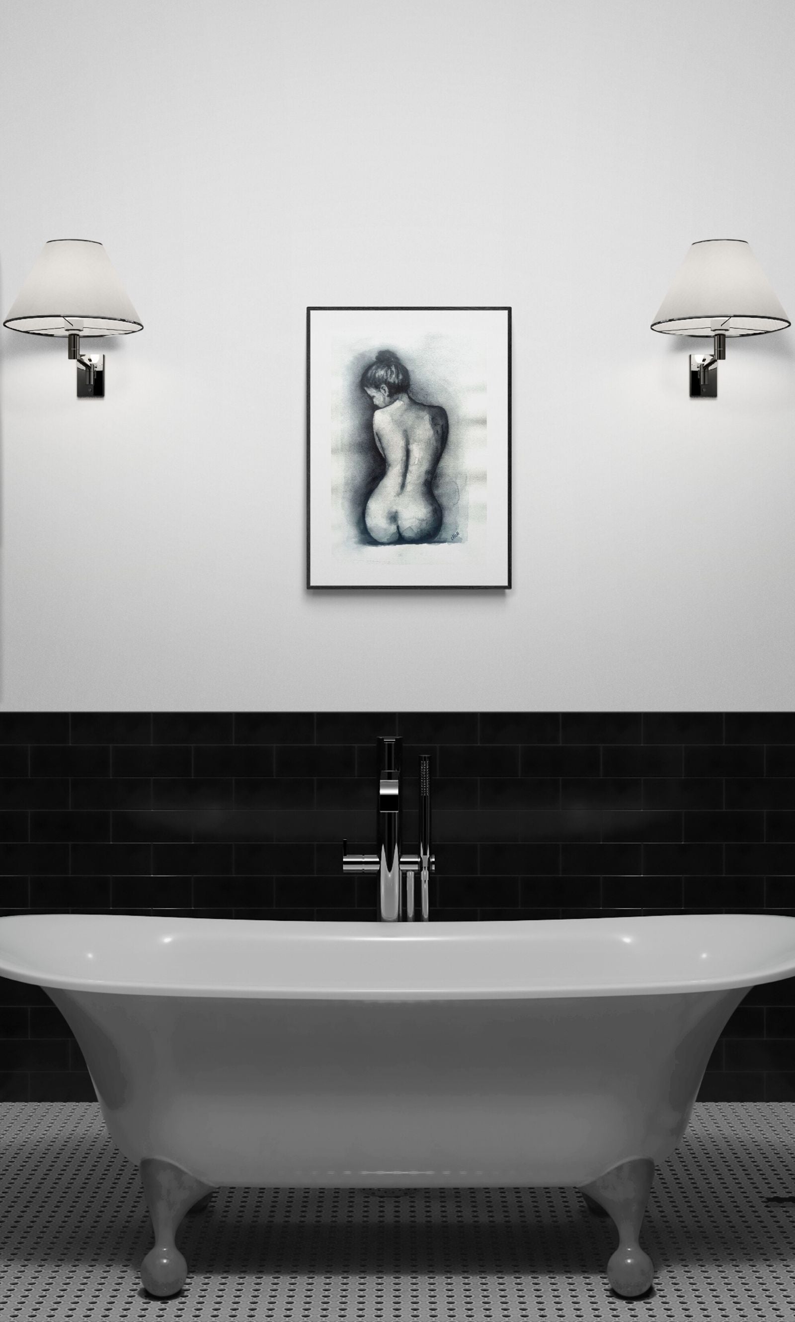 Bathroom with a freestanding bathtub, black wall, and framed artwork.