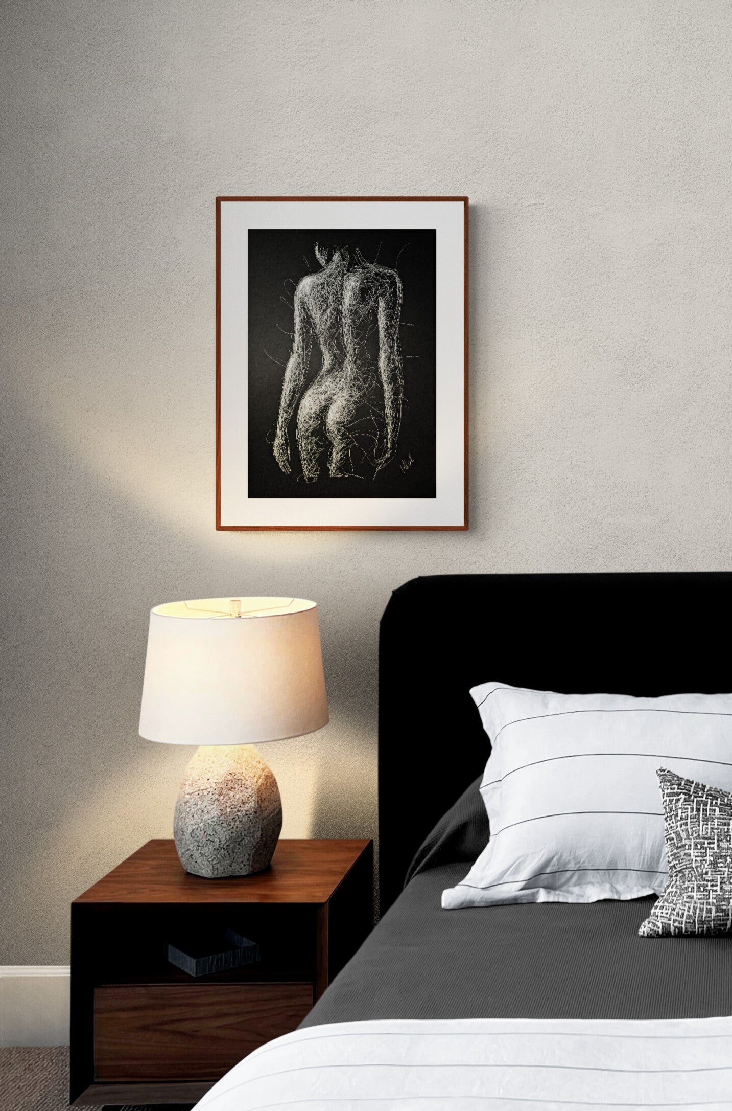 Black and White Sensual Line Drawing – Original Erotic Minimalist Art

Elevate your space with this captivating black and white line drawing, a stunning piece of original sensual art. Striking the perfect balance between elegance and intimacy.

This modern erotic painting is both sexy and subtle, making it an ideal choice for bedroom decor or sophisticated bathroom wall art.

This nude female figure is delicately created with a white pen on black art paper, showcasing graceful lines.