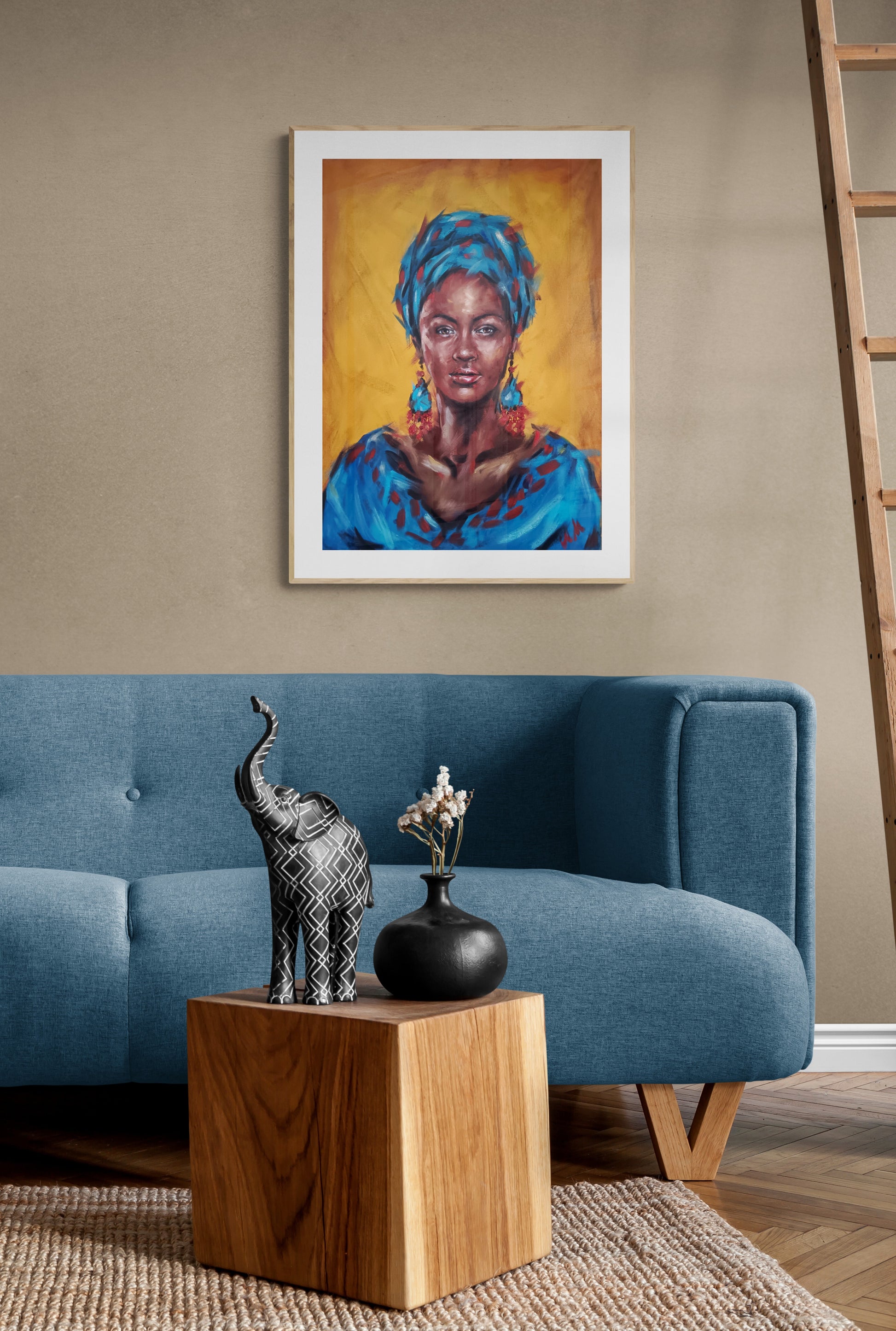 A graceful tribute to feminine strength, heritage, and elegance. This captivating oil portrait of an African woman in rich blue tones brings cultural beauty and soulful expression to life. Hand-painted with high-quality oil paints on canvas, the piece features layered textures and luminous color, a true statement for the art lover’s space.
Canvas size: 50 cm x 70 cm (20" x 28")
Perfect for refined interiors, from living rooms and bedrooms to offices and gallery walls.