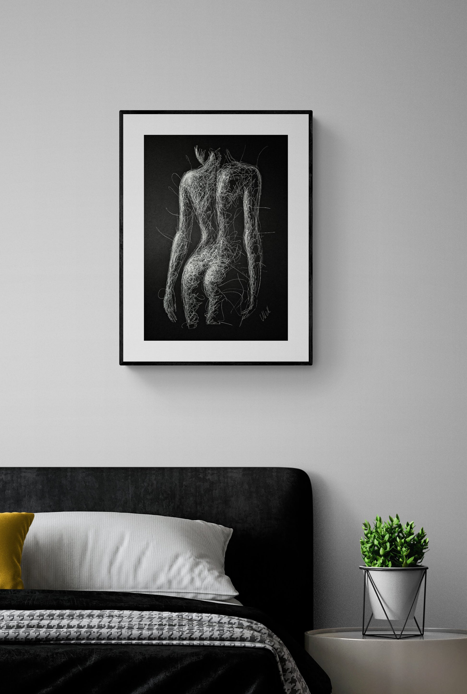 Black and White Sensual Line Drawing – Original Erotic Minimalist Art

Elevate your space with this captivating black and white line drawing, a stunning piece of original sensual art. Striking the perfect balance between elegance and intimacy.

This modern erotic painting is both sexy and subtle, making it an ideal choice for bedroom decor or sophisticated bathroom wall art.

This nude female figure is delicately created with a white pen on black art paper, showcasing graceful lines.