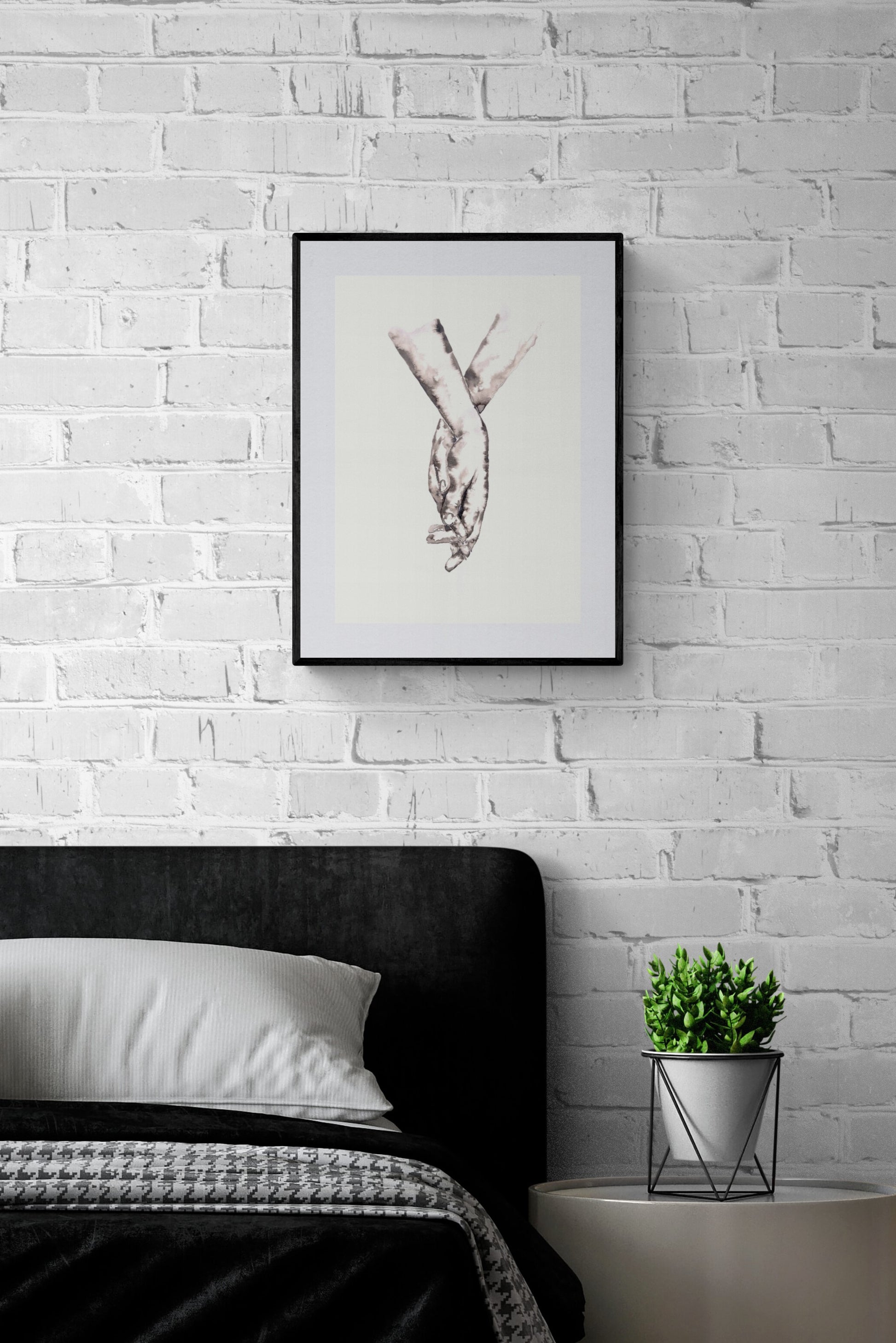 Lovers Holding Hands – Minimalist Ink Painting

This black and white artwork is the perfect gift for couples, symbolizing love, connection, and unity.

The simple painting effortlessly complements Scandinavian style home, modern livingroom wall decor and boho wall art. 

Hands drawing is a meaningful symbol of love, an ideal choice for lovers gift or gift for partner. This piece adds a stunning touch to any family home.