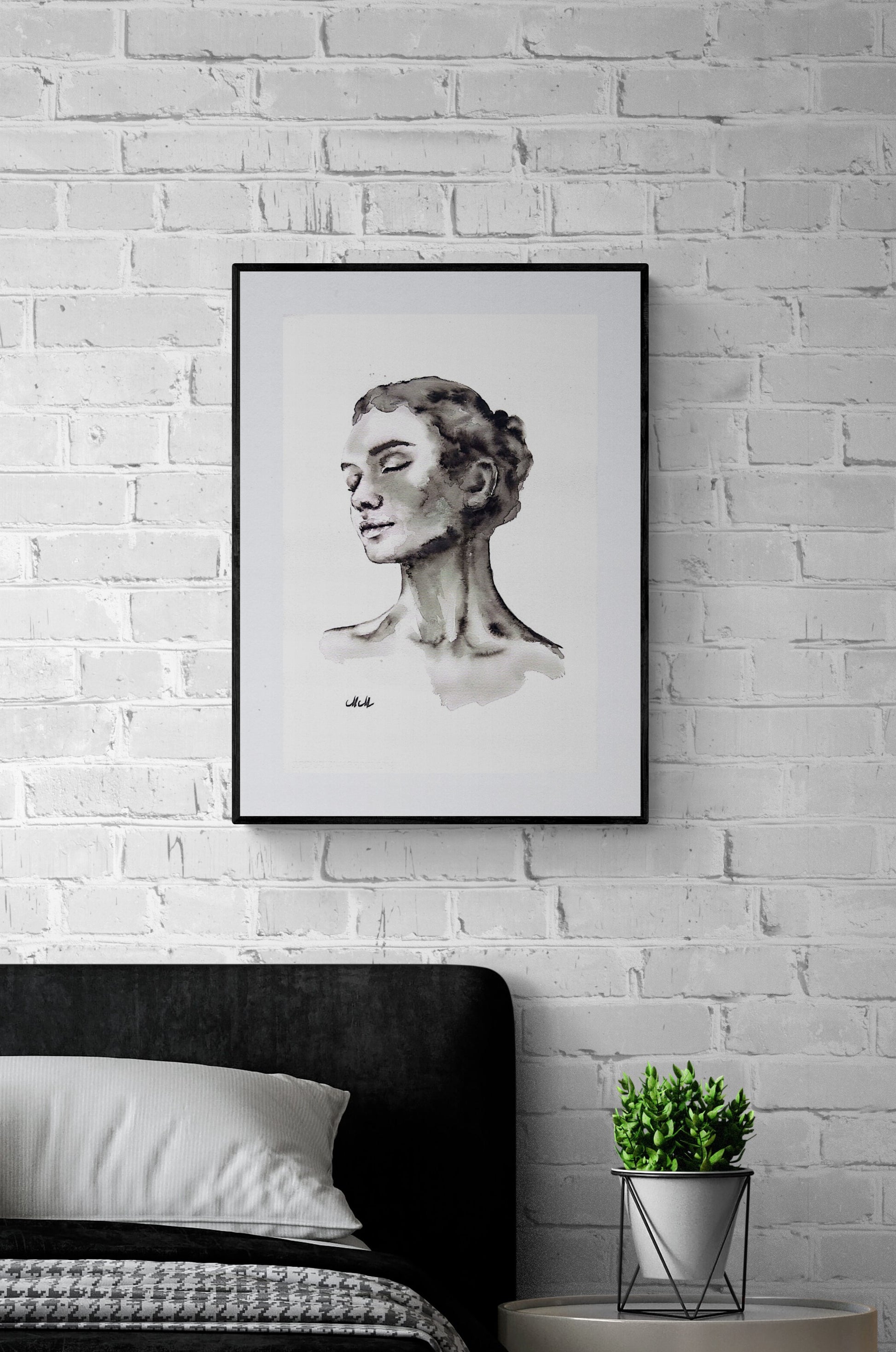 In Love Ink Portrait Painting – Original Black and White Female Profile Art

This captivating female portrait is a handmade drawing that beautifully embodies the essence of femininity in a refined minimalist style.

Made with a delicate play of black ink and watercolors, the female profile exudes both grace and strength, making it a timeless statement piece for any space.

This minimalist woman’s portrait is simple yet impactful, showcasing the elegance that emerges from just water and a hint of black.