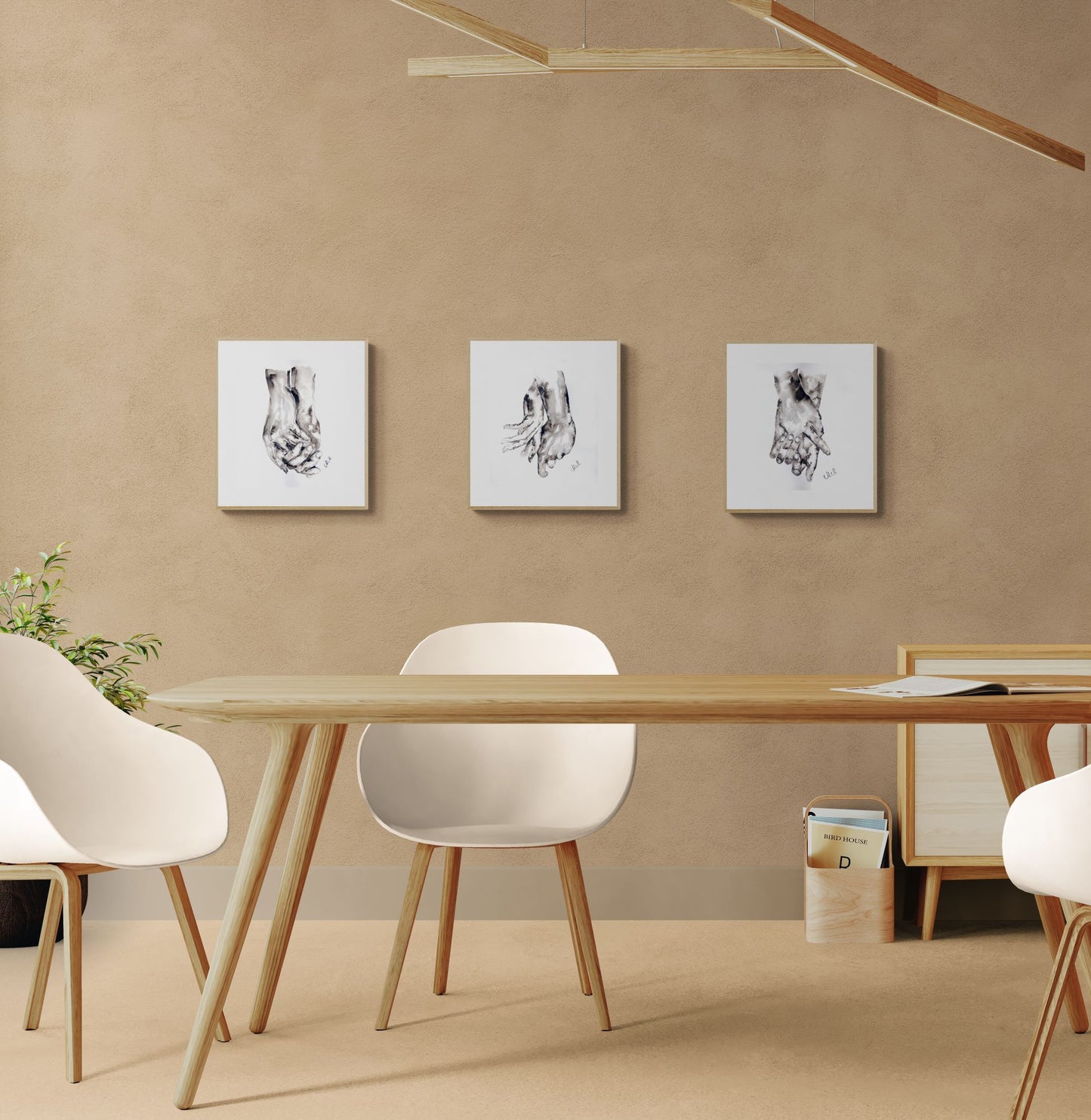 dining-area-with-a-cabinet-and-Hand connection- minimalist ink artwork