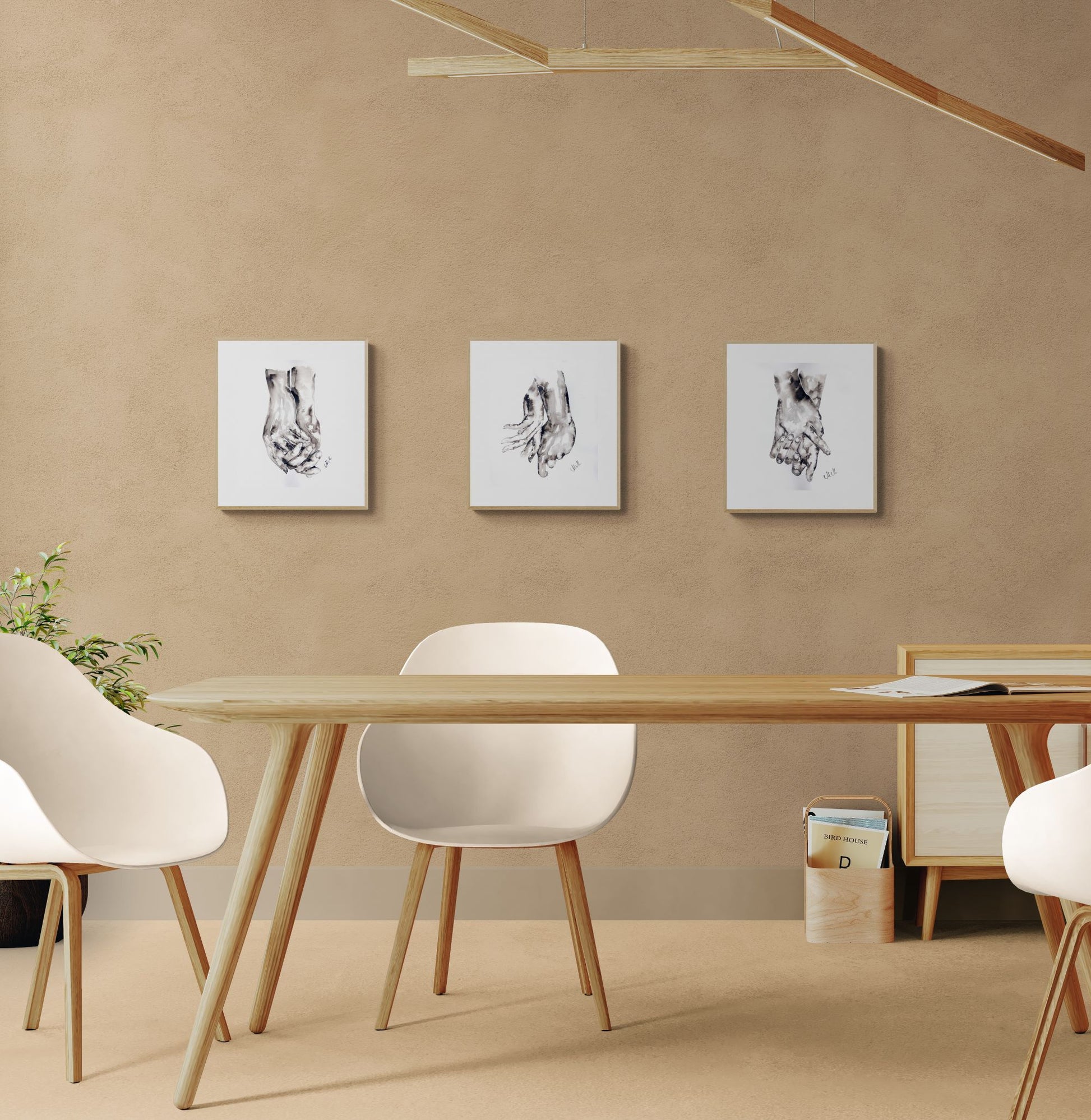 dining-area-with-a-cabinet-and-Hand connection- minimalist ink artwork