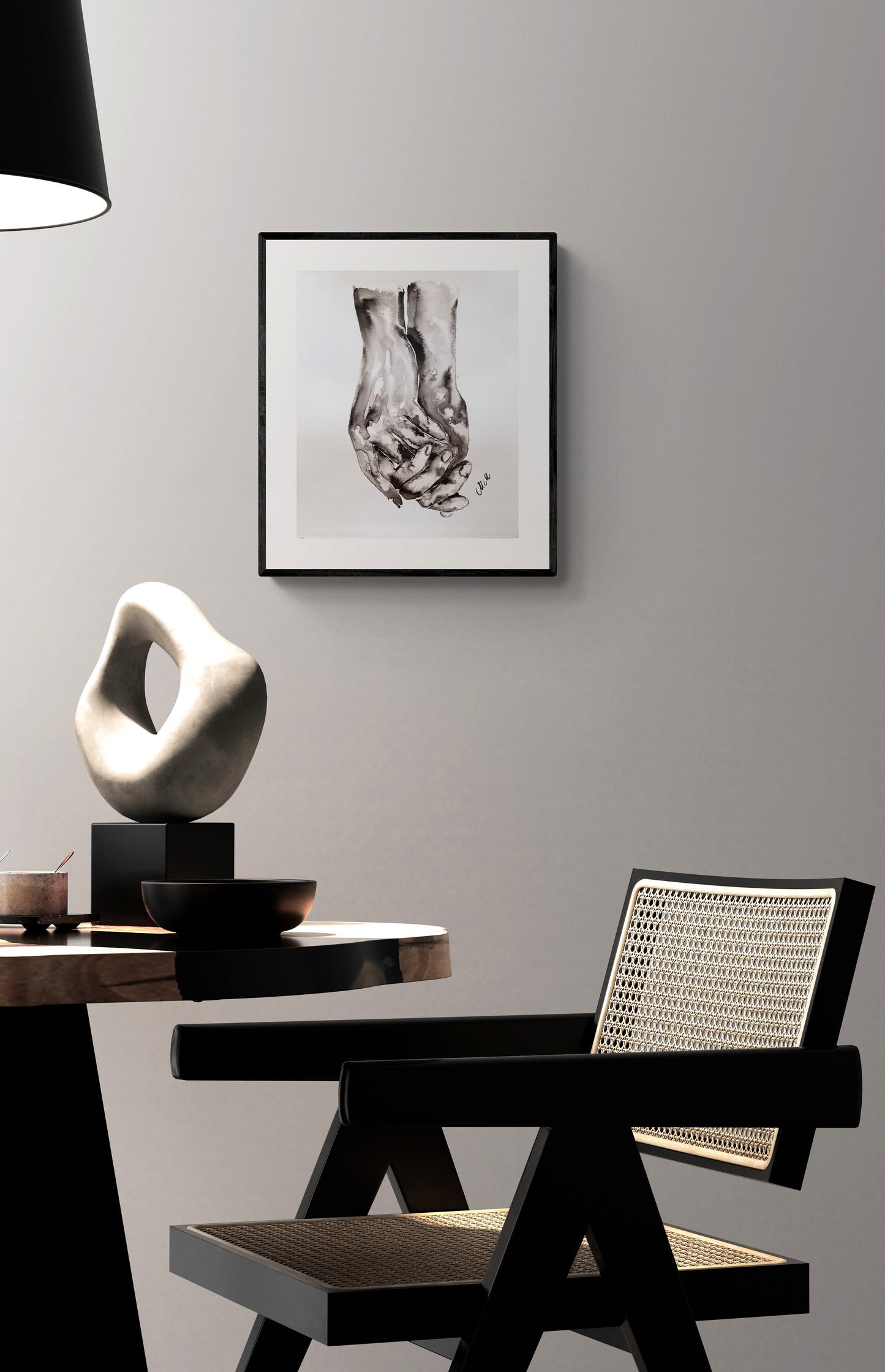 dining-table-with-Hand connection- minimalist ink artwork