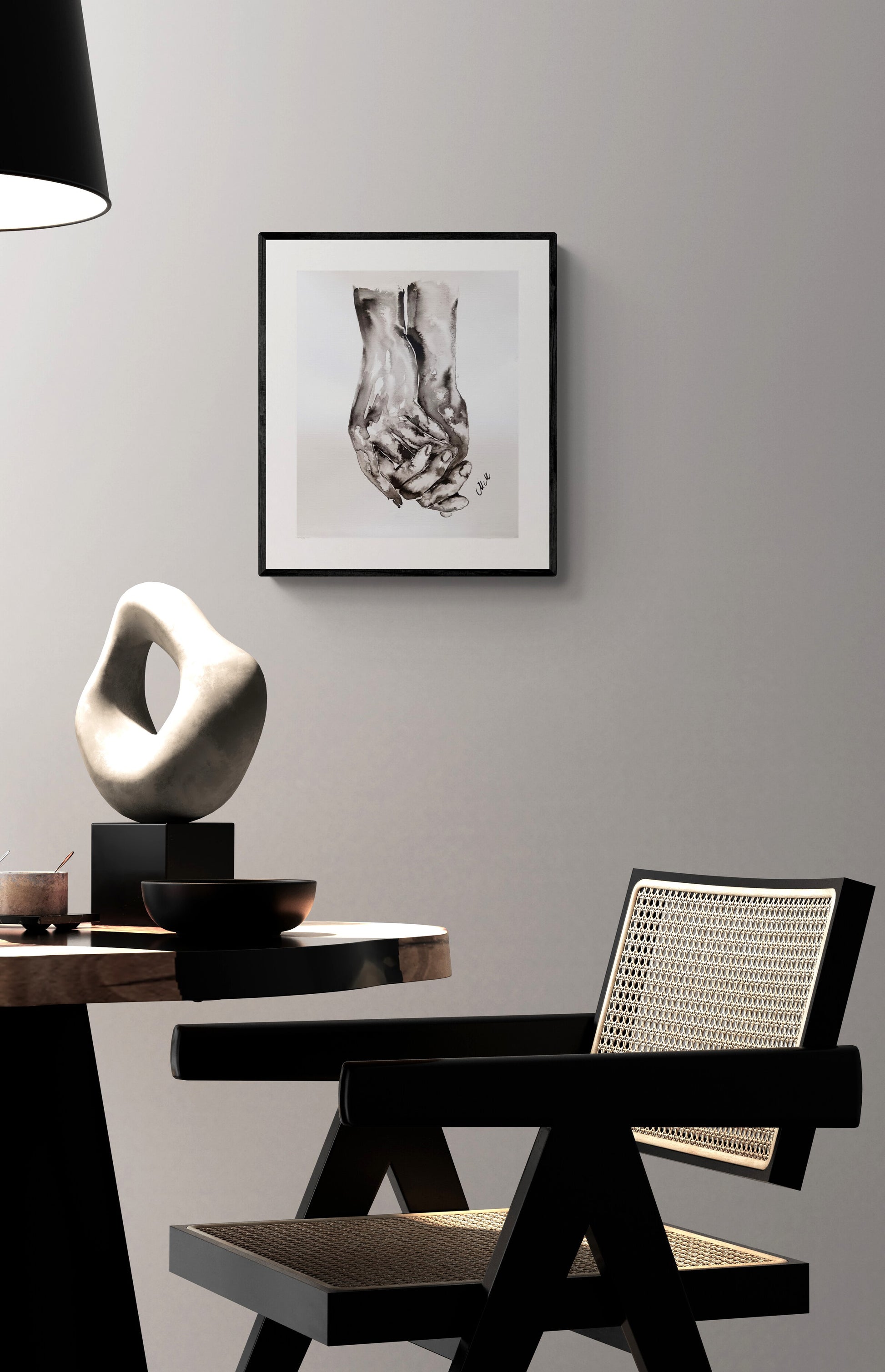 dining-table-with-Hand connection- minimalist ink artwork