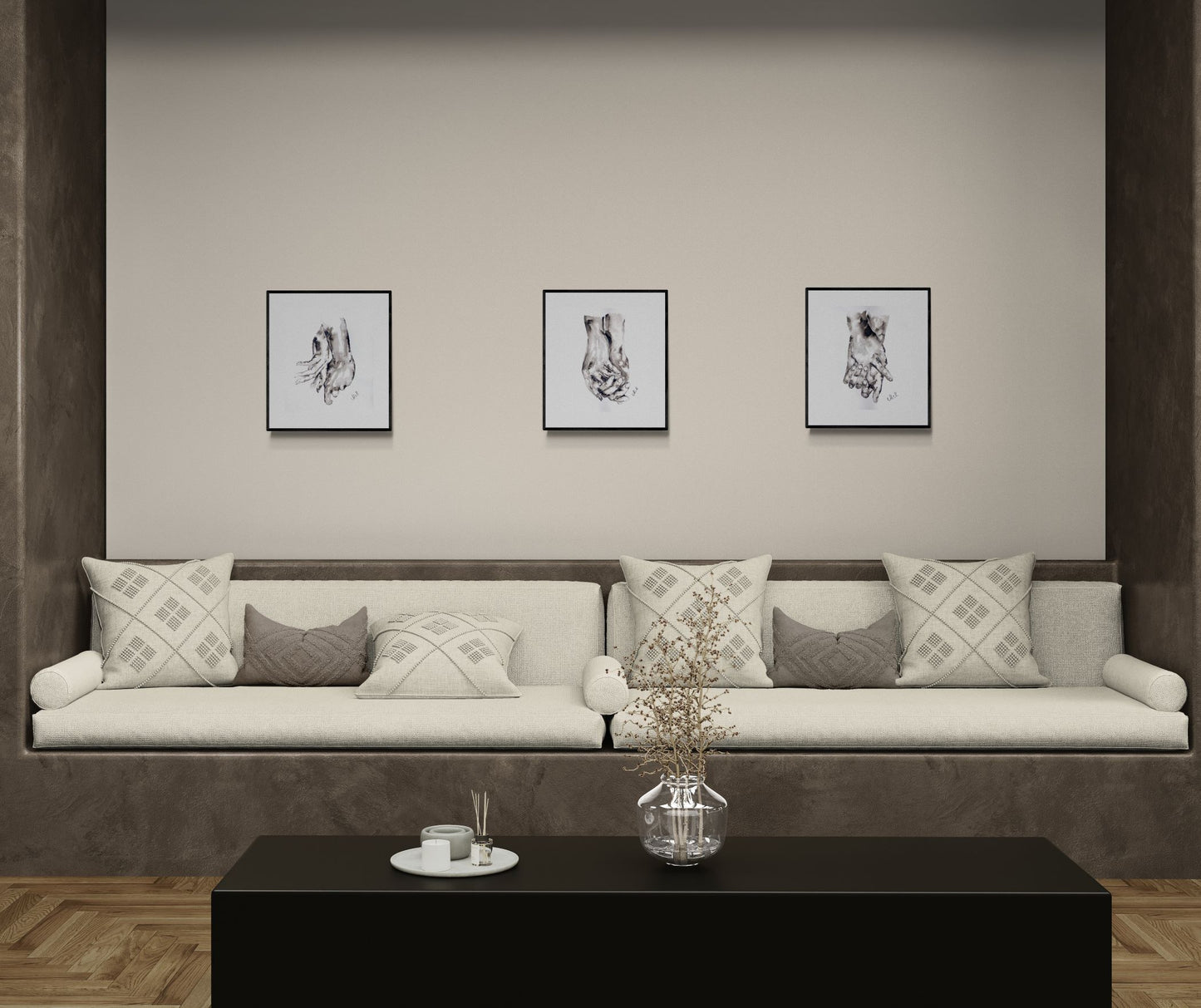 fancy-living-room-with-Hand connection- minimalist ink artwork