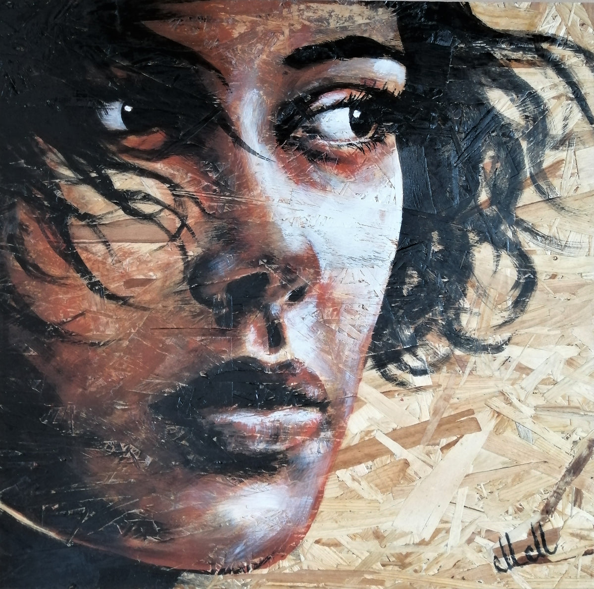 female face drawing - original acrylic portrait painting on wood 