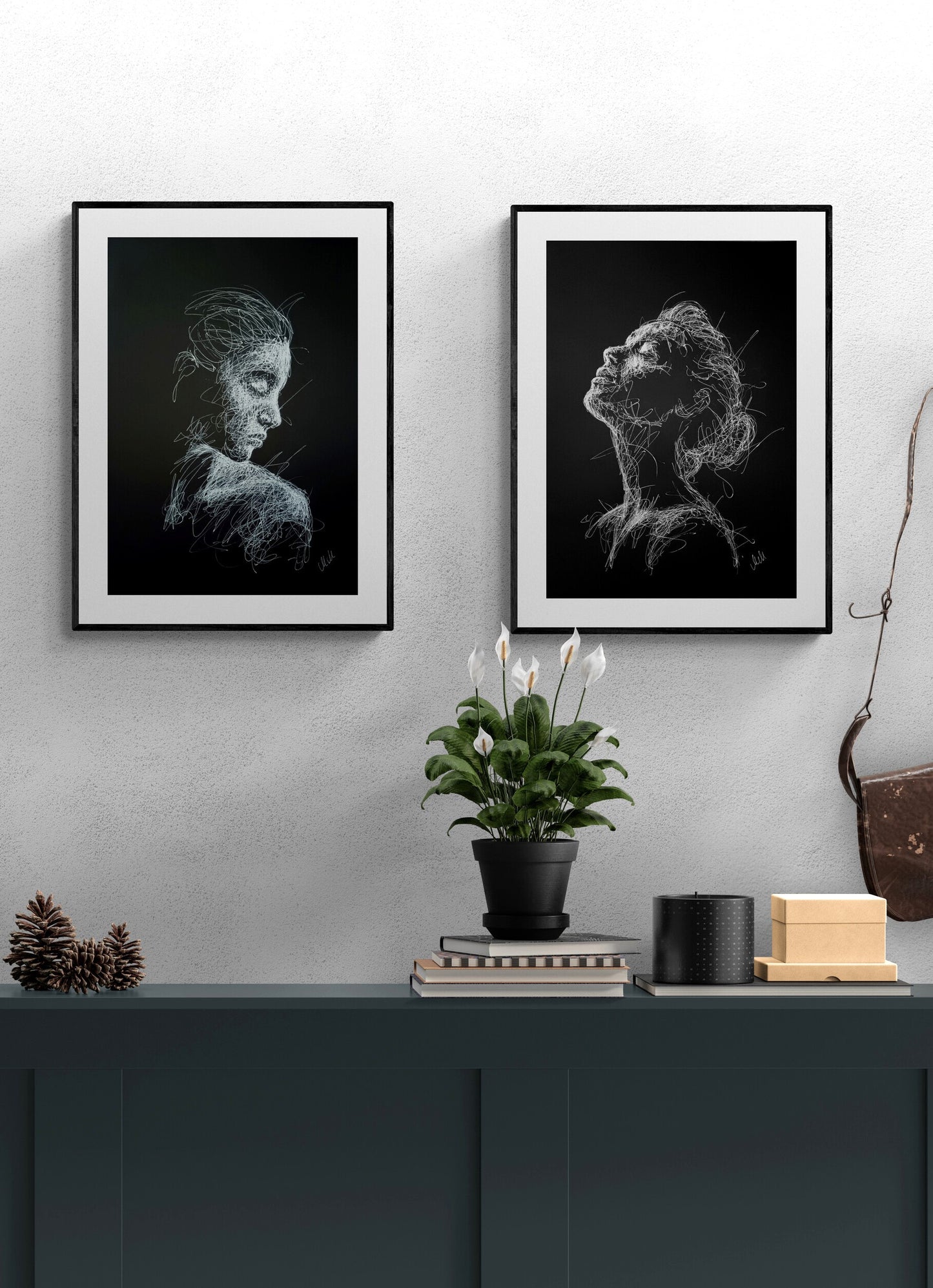 Alone - Modern Elegance Black and White Line Portrait Drawing

This Alone trendy fine art profile portrait drawing is an original, sensual piece of artwork, handmade with exceptional care and attention to detail.

The minimalist female face evokes a sense of timeless elegance, blending sophistication and grace in a way that enhances any space.

The delicate white pen lines, drawn on black art paper, create a striking contrast that captures both passion and strength.