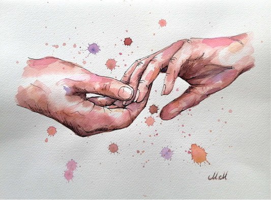 Romantic Hand-in-Hand – Watercolor Artwork - Ink Drawing.

Bring warmth and intimacy to your space with this beautiful watercolor painting of a romantic hand-in-hand moment.

The delicate water drops, ink drawing and  natural skin tones create a soft, emotional connection, making it a perfect piece for your home.

Made with high-quality materials, this minimalist yet expressive artwork adds elegance to your bedroom, bathroom, living room or dining room.