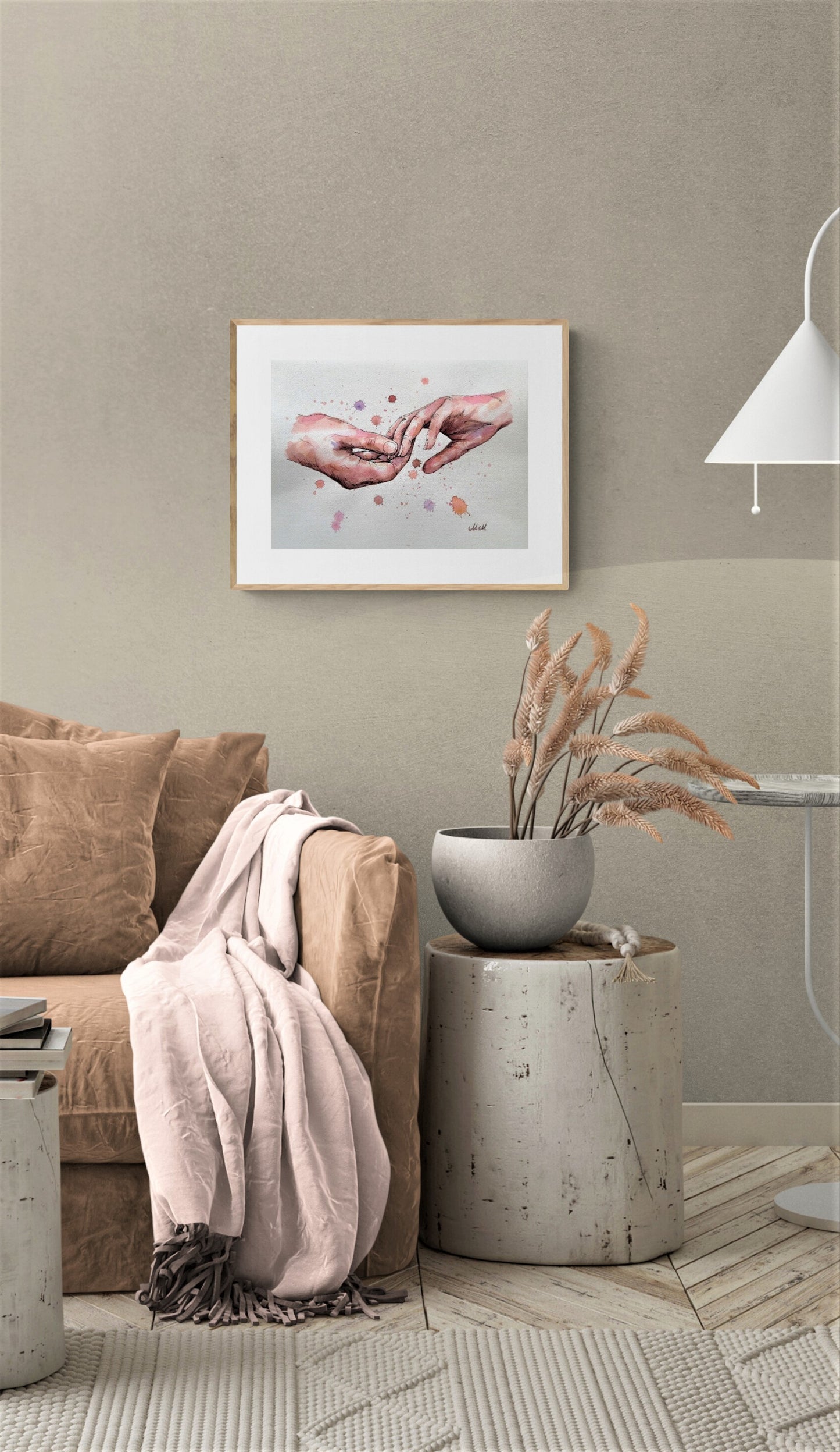 Romantic Hand-in-Hand – Watercolor Artwork - Ink Drawing.

Bring warmth and intimacy to your space with this beautiful watercolor painting of a romantic hand-in-hand moment.

The delicate water drops, ink drawing and  natural skin tones create a soft, emotional connection, making it a perfect piece for your home.

Made with high-quality materials, this minimalist yet expressive artwork adds elegance to your bedroom, bathroom, living room or dining room.