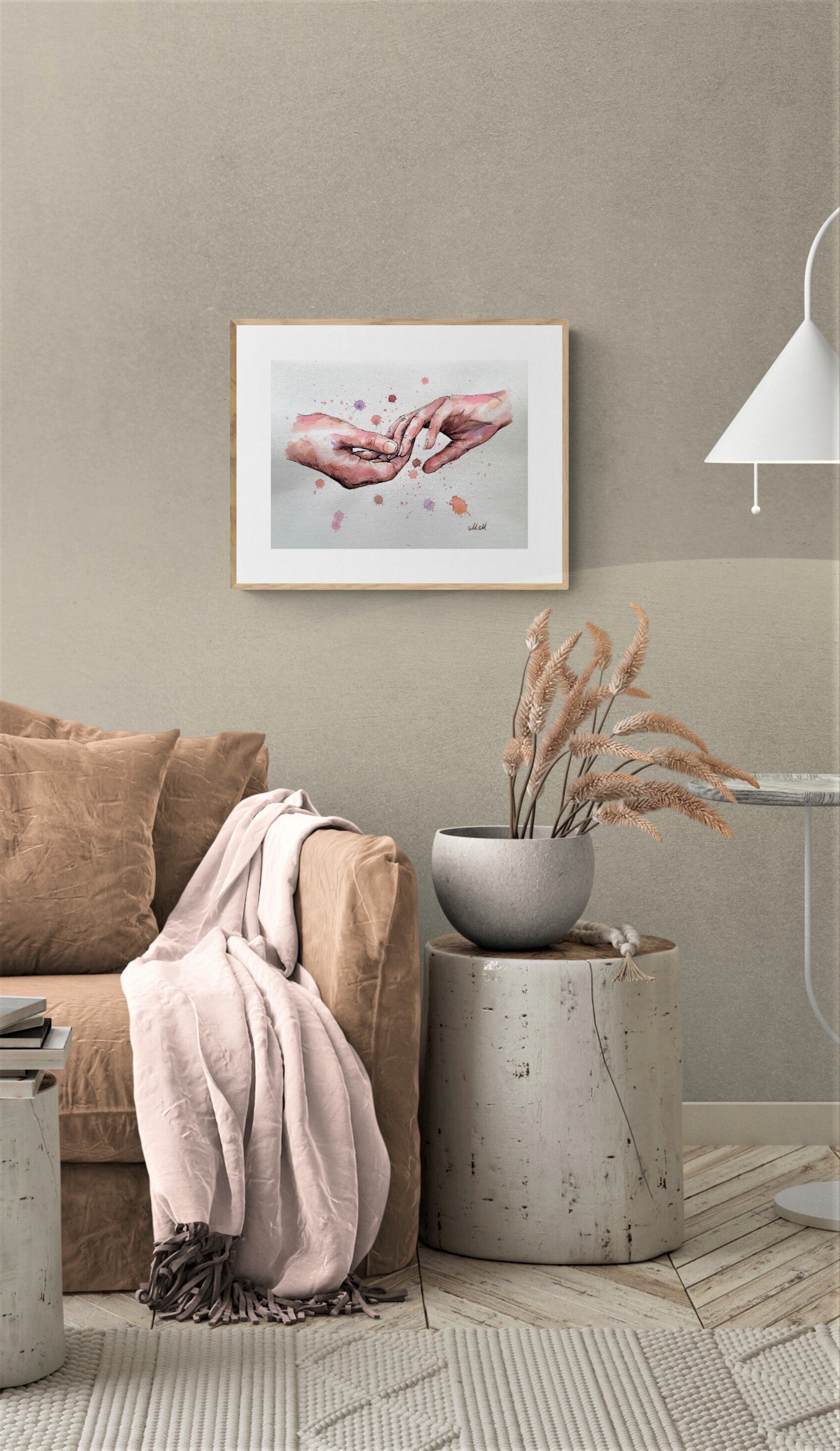 Romantic Hand-in-Hand – Watercolor Artwork - Ink Drawing.

Bring warmth and intimacy to your space with this beautiful watercolor painting of a romantic hand-in-hand moment.

The delicate water drops, ink drawing and  natural skin tones create a soft, emotional connection, making it a perfect piece for your home.

Made with high-quality materials, this minimalist yet expressive artwork adds elegance to your bedroom, bathroom, living room or dining room.