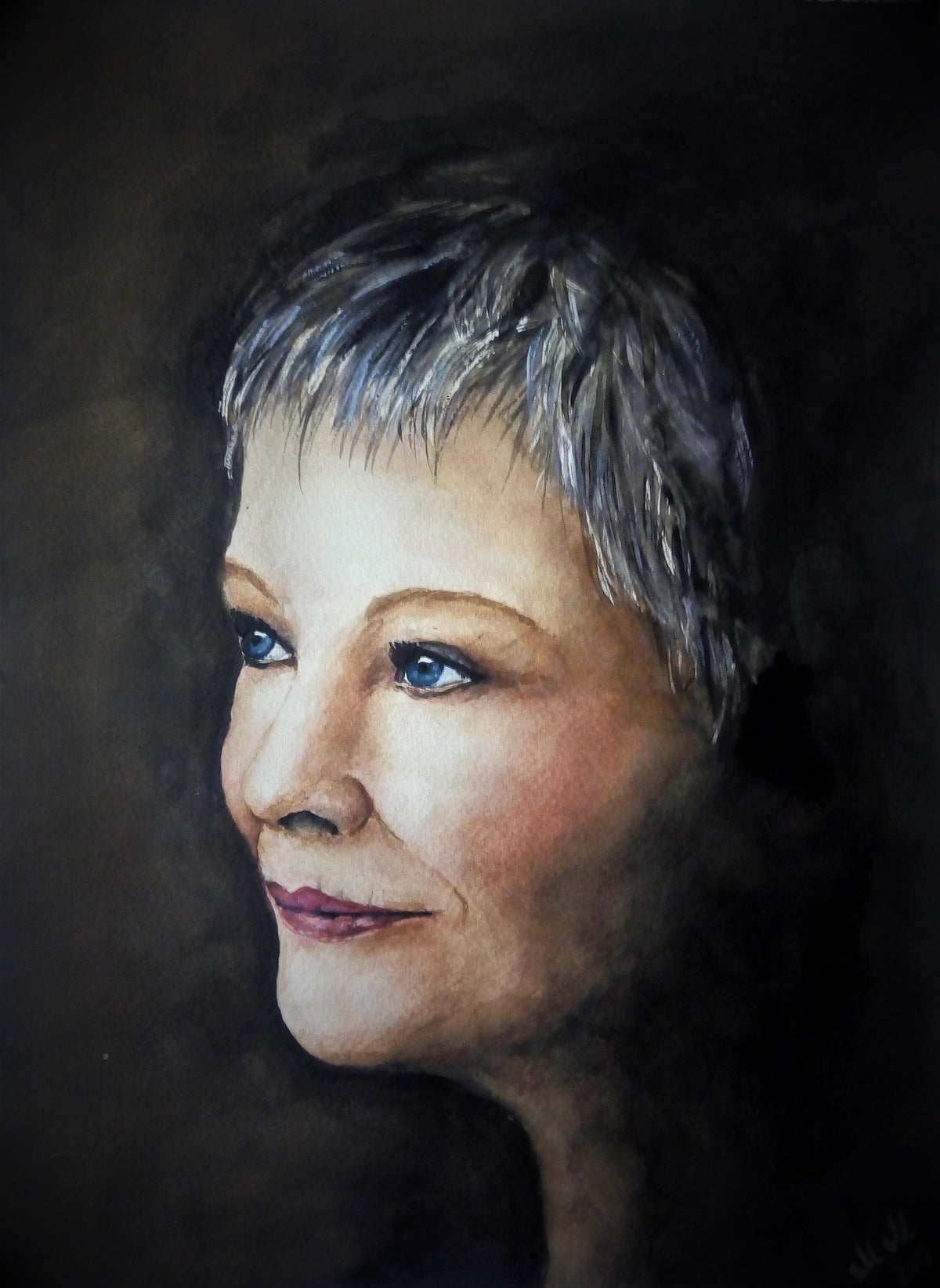 hand made watercolor portrait painting - Artistic portrait of a woman with short gray hair on a dark background