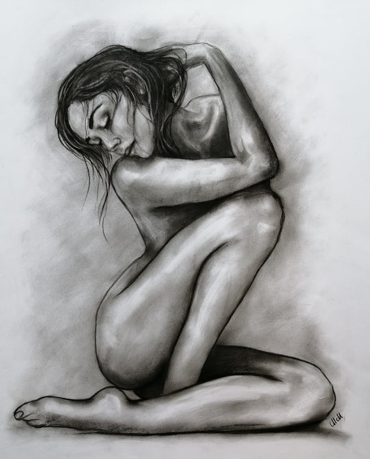 Artistic depiction of a nude figure in a sitting pose on a light gray background