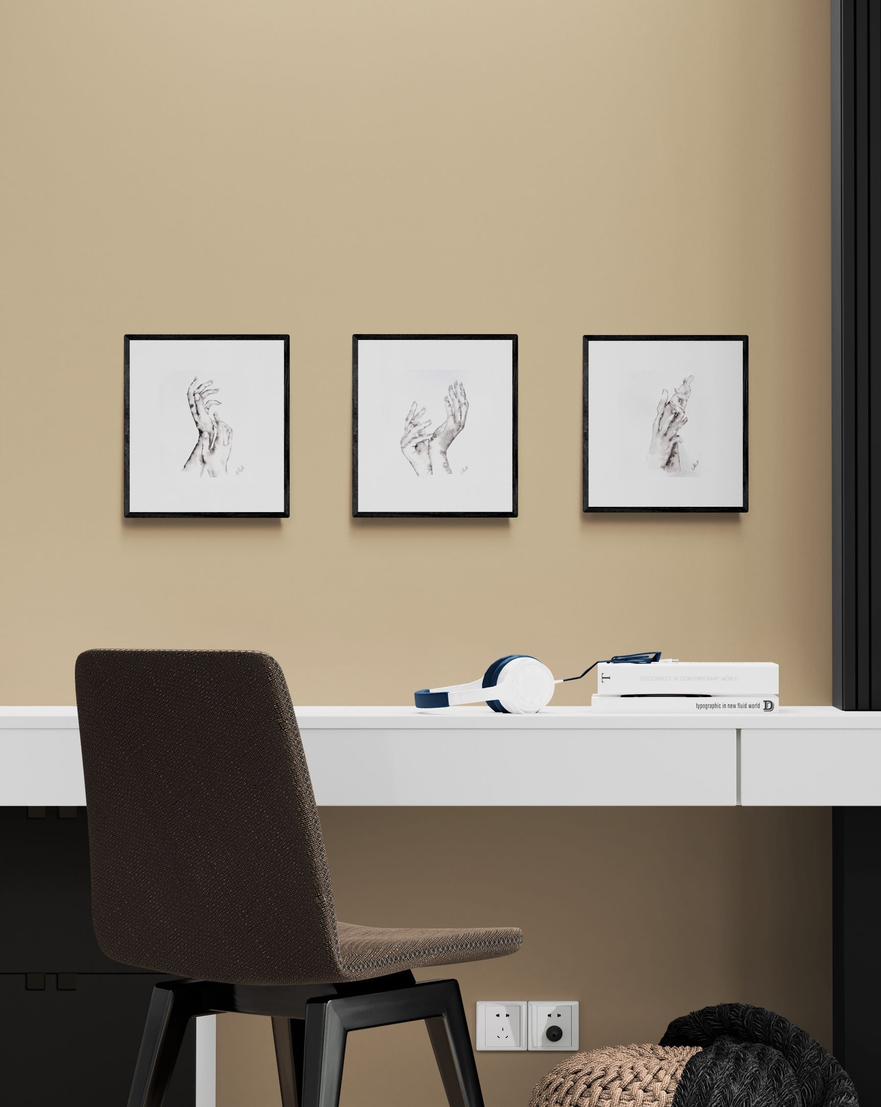 Modern office setup with a desk, chair, and wall art on a beige wall.