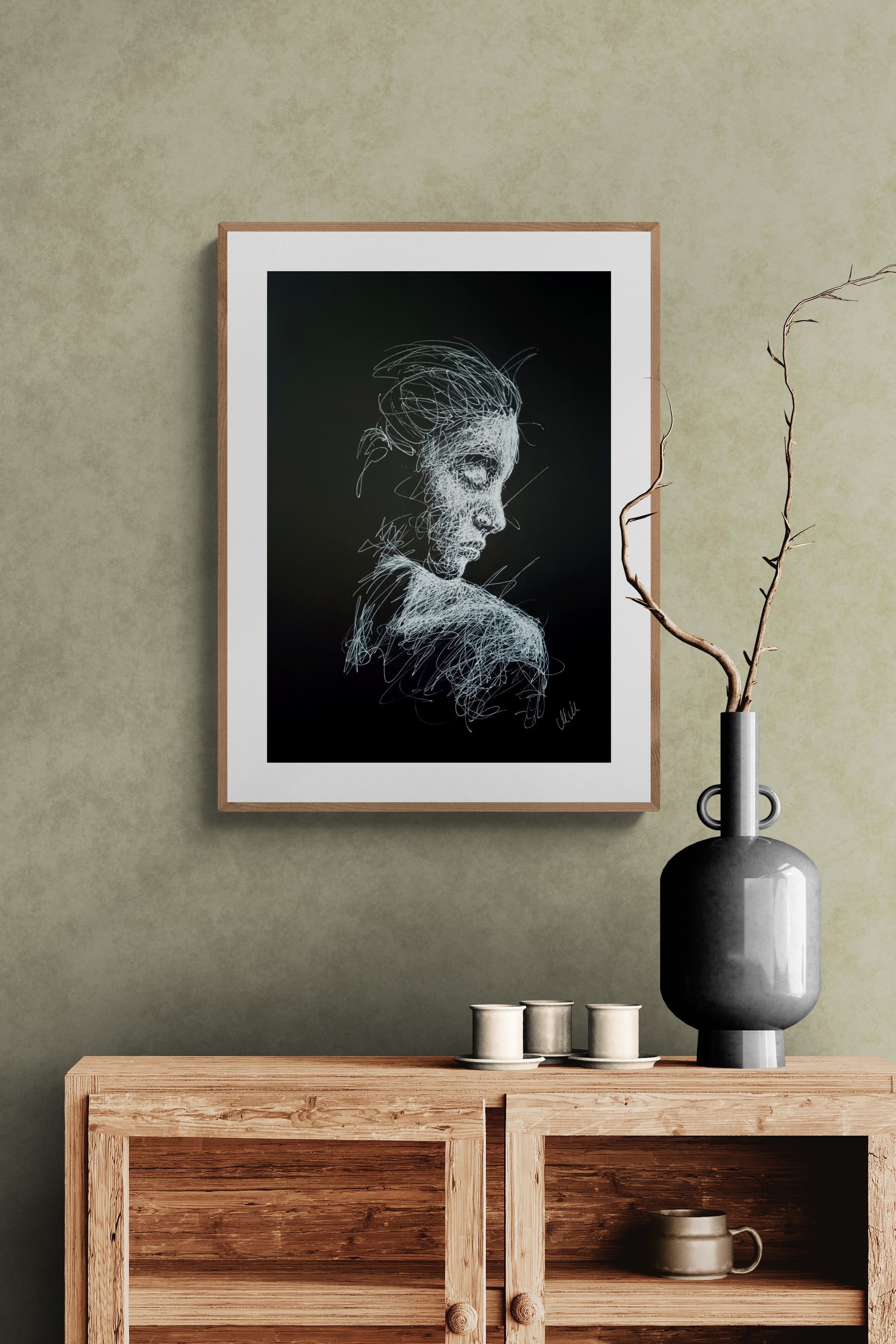 Alone - Modern Elegance Black and White Line Portrait Drawing

This Alone trendy fine art profile portrait drawing is an original, sensual piece of artwork, handmade with exceptional care and attention to detail.

The minimalist female face evokes a sense of timeless elegance, blending sophistication and grace in a way that enhances any space.

The delicate white pen lines, drawn on black art paper, create a striking contrast that captures both passion and strength.