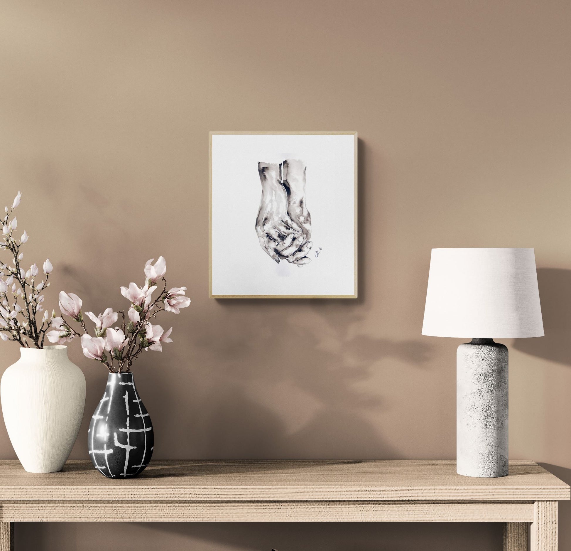 living-area-with-Hand connection- minimalist ink artwork